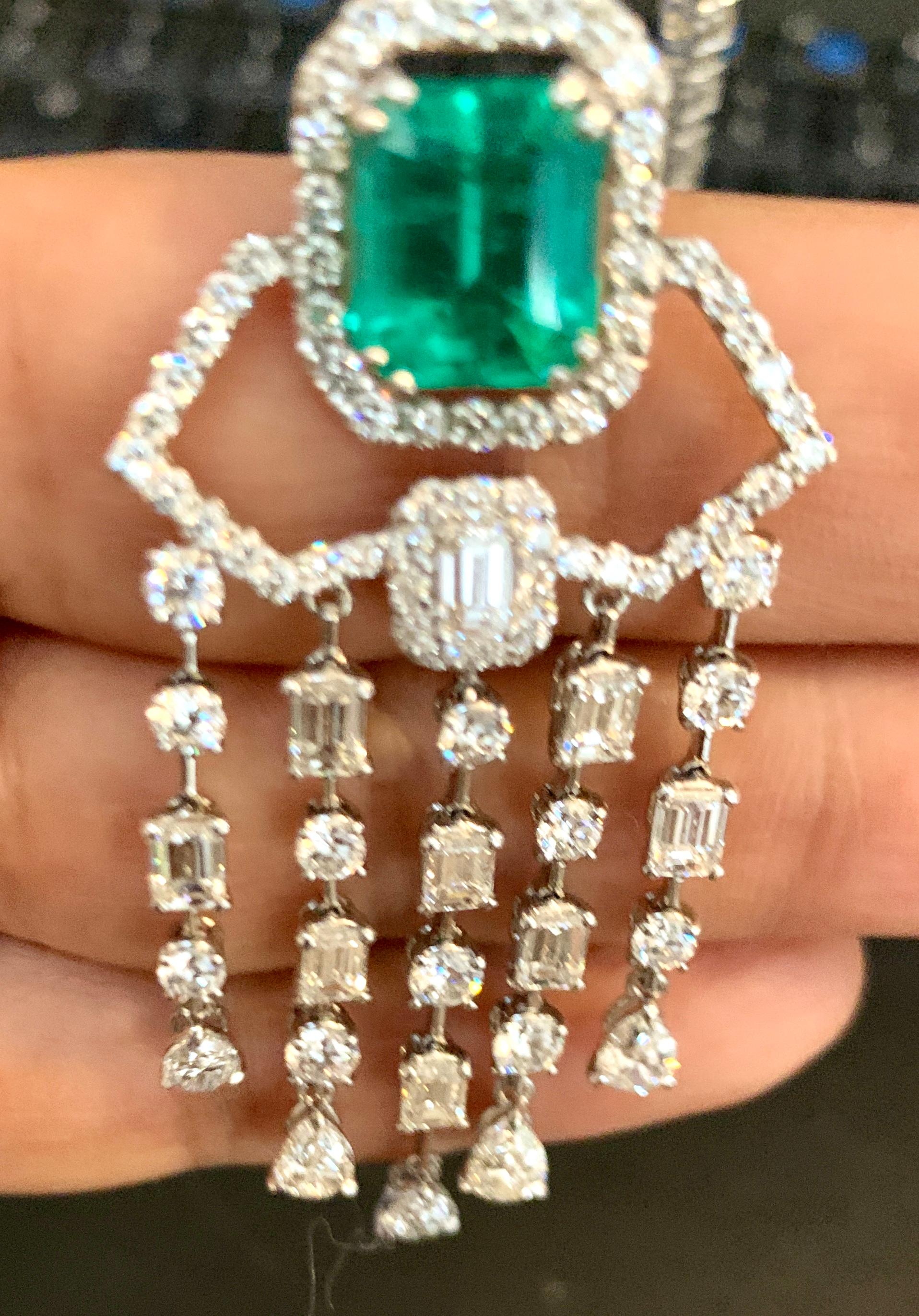 Emerald Cut Colombian Emerald & Diamond Drop & Riviera Changeable Necklace Plat For Sale 4