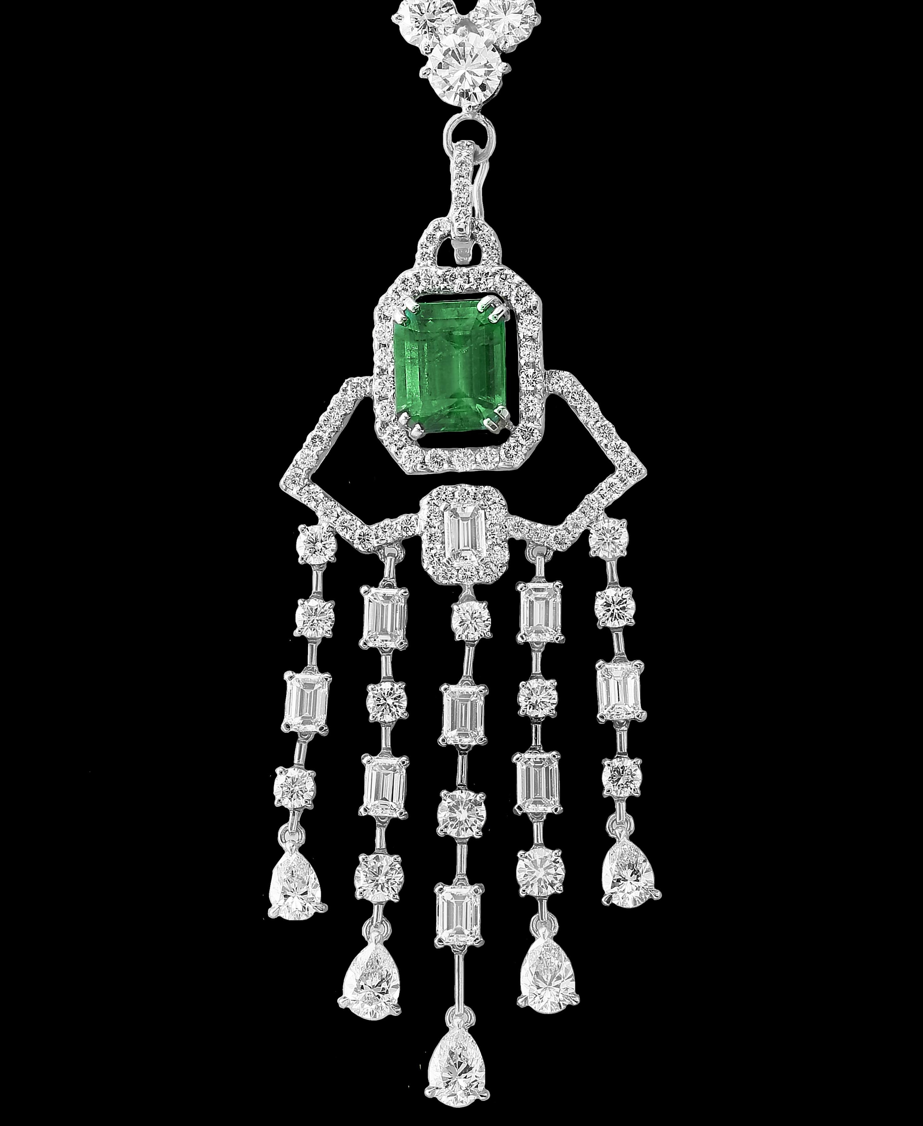 Emerald Cut Colombian Emerald & Diamond Drop & Riviera Changeable Necklace Plat  For Sale 3