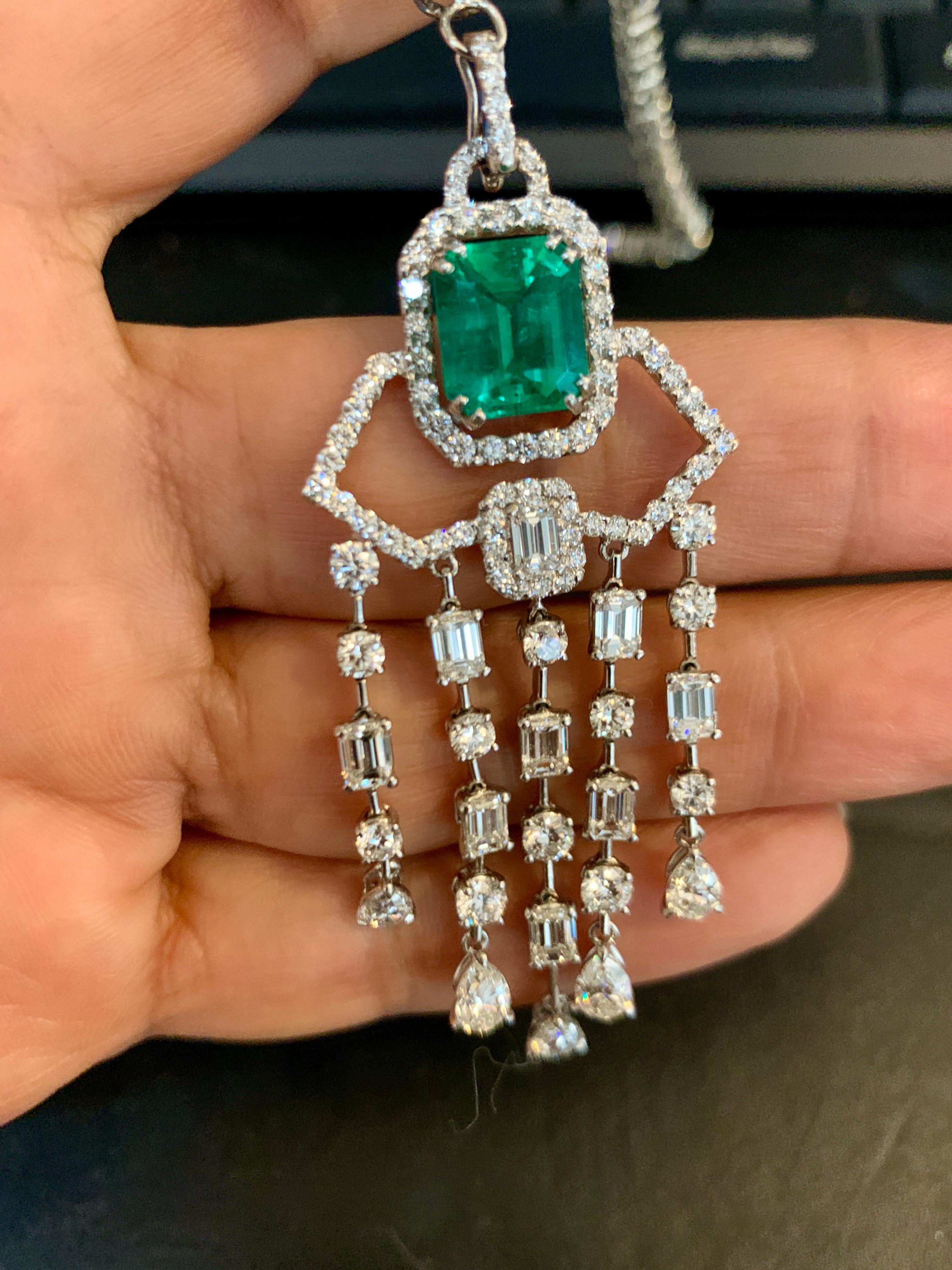Emerald Cut Colombian Emerald & Diamond Drop & Riviera Changeable Necklace Plat For Sale 5