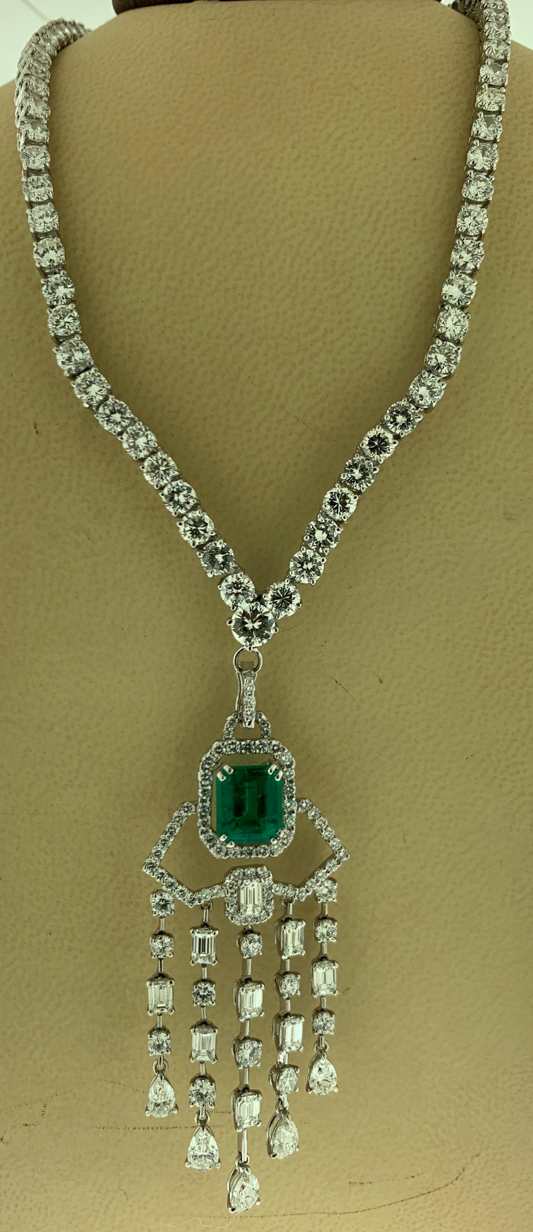Emerald Cut Colombian Emerald & Diamond Drop & Riviera Changeable Necklace Plat  For Sale 7