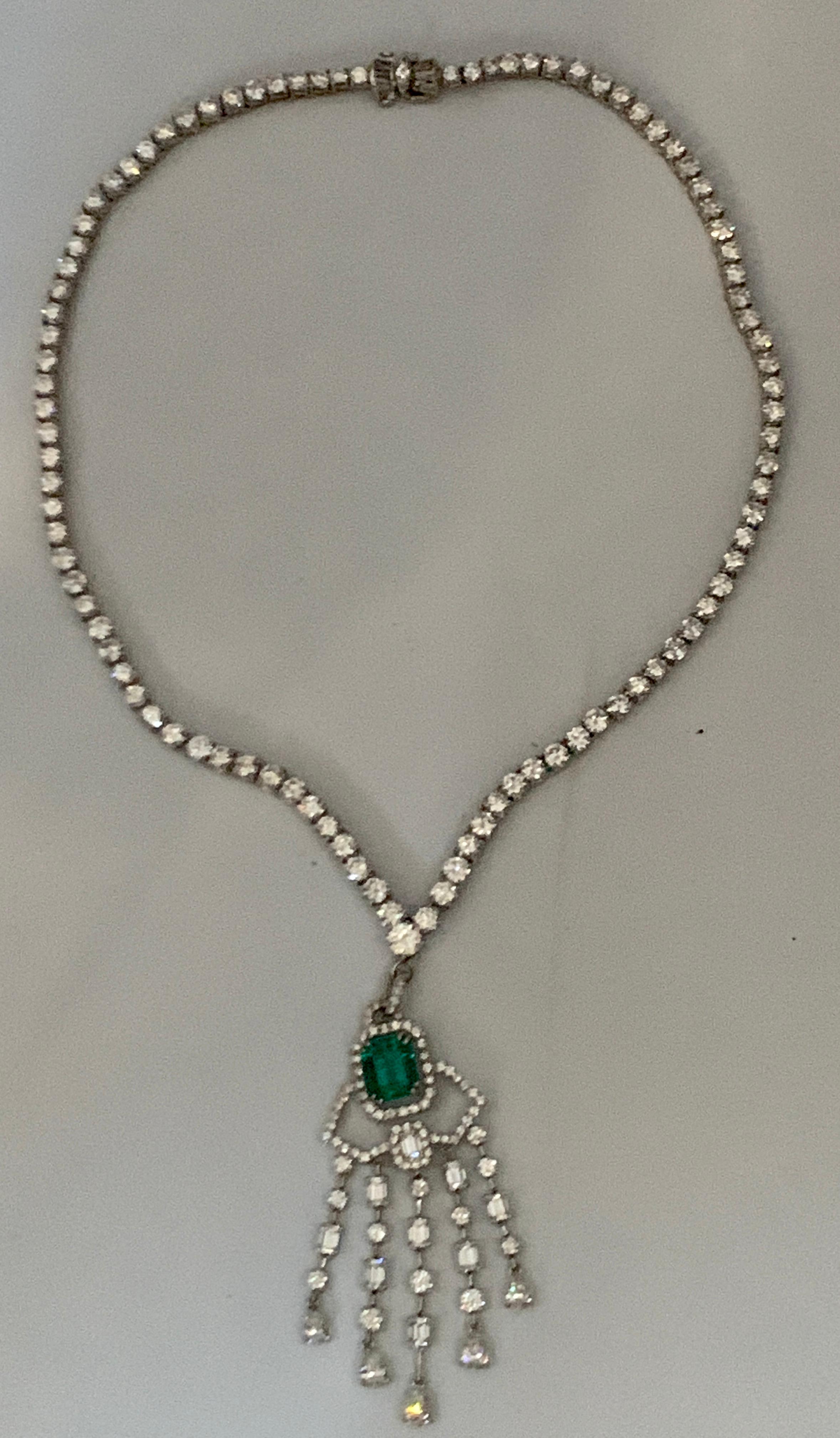 Emerald Cut Colombian Emerald & Diamond Drop & Riviera Changeable Necklace Plat  For Sale 9