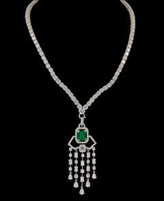 Emerald Cut Colombian Emerald & Diamond Drop & Riviera Changeable Necklace Plat
