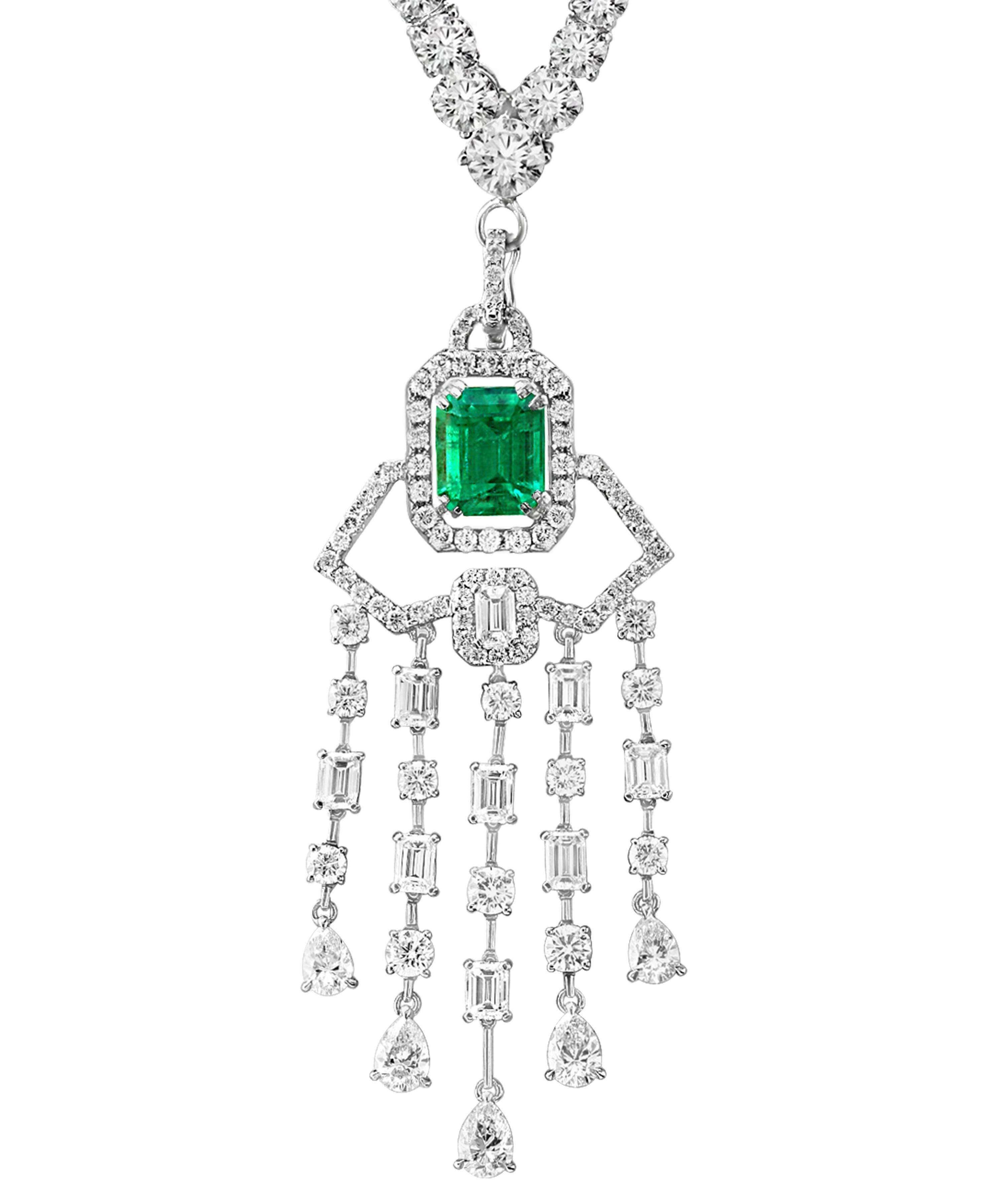 Platin-Halskette mit kolumbianischem Smaragd im Smaragdschliff und Diamanttropfen & Riviera  im Zustand „Hervorragend“ im Angebot in New York, NY