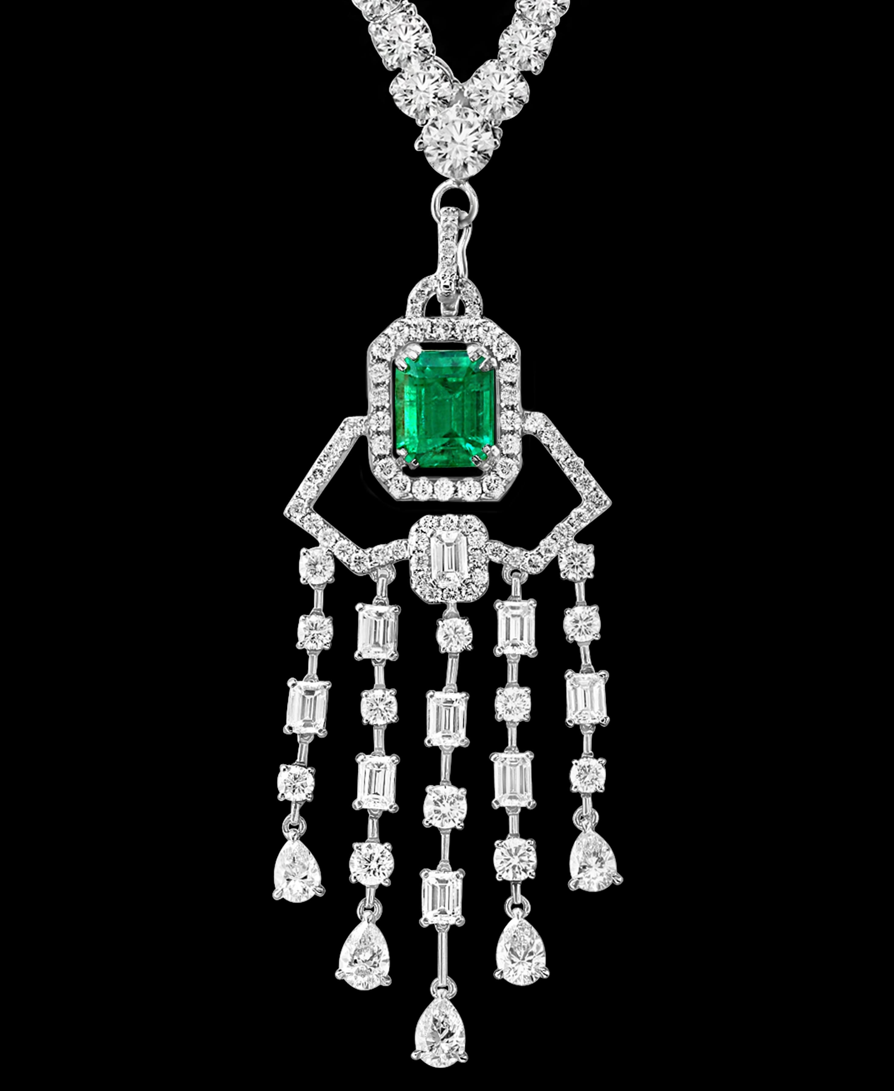 Emerald Cut Colombian Emerald & Diamond Drop & Riviera Changeable Necklace Plat  In Excellent Condition For Sale In New York, NY
