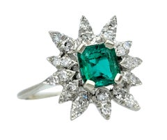 Emerald Cut Colombian Emerald and Diamond Starburst Ring in 18 Karat White Gold
