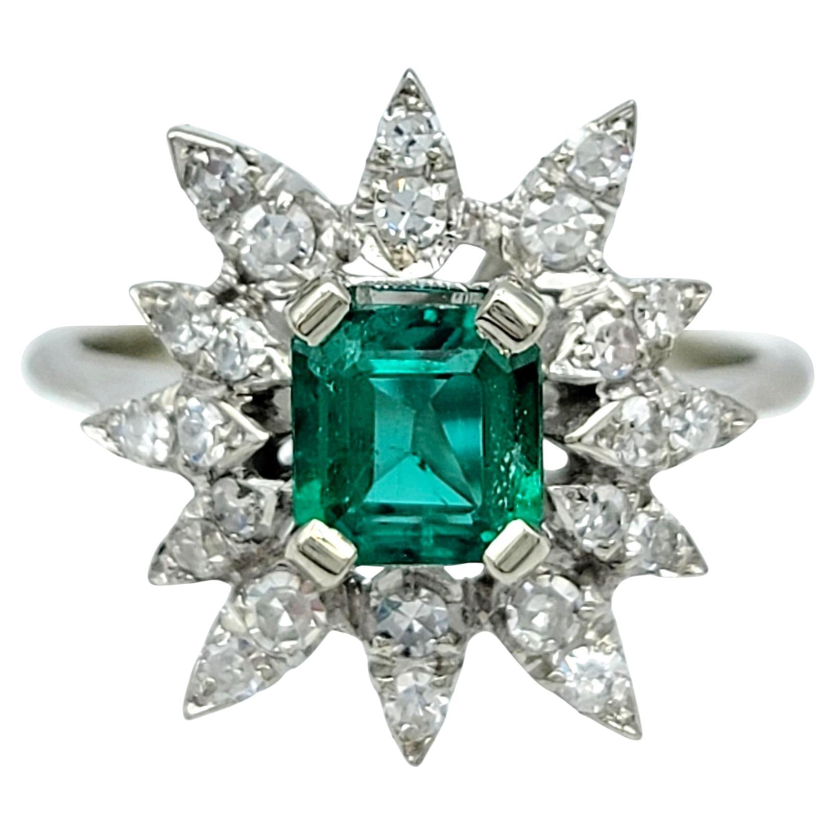 Emerald Cut Colombian Emerald and Diamond Starburst Ring in 18 Karat White Gold