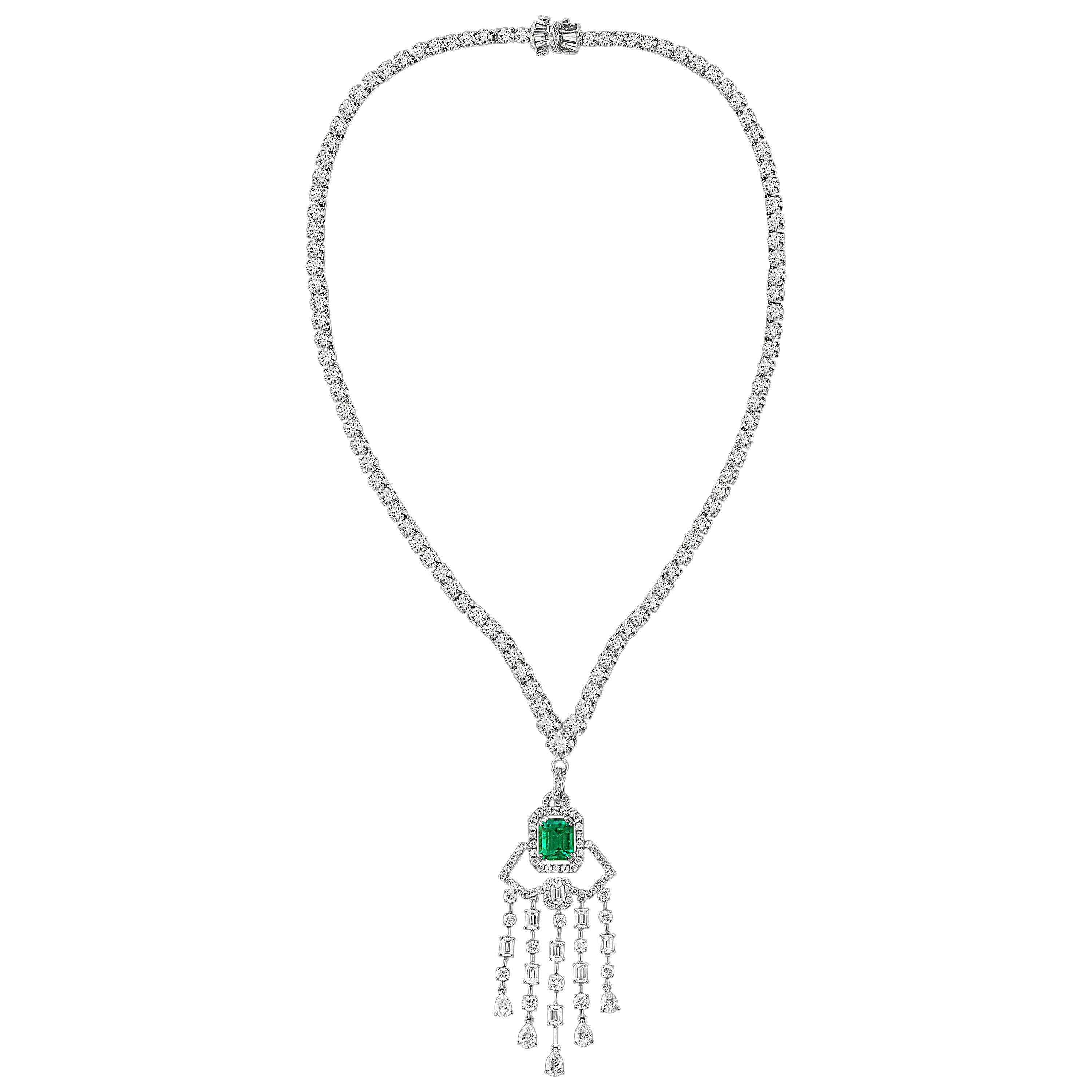 Collier plat personnalisable Drop & Riviera en émeraudes de Colombie taille émeraude et diamants