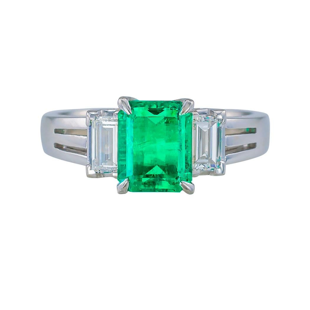 Contemporary Emerald Cut Colombian Emerald Diamond Platinum Ring