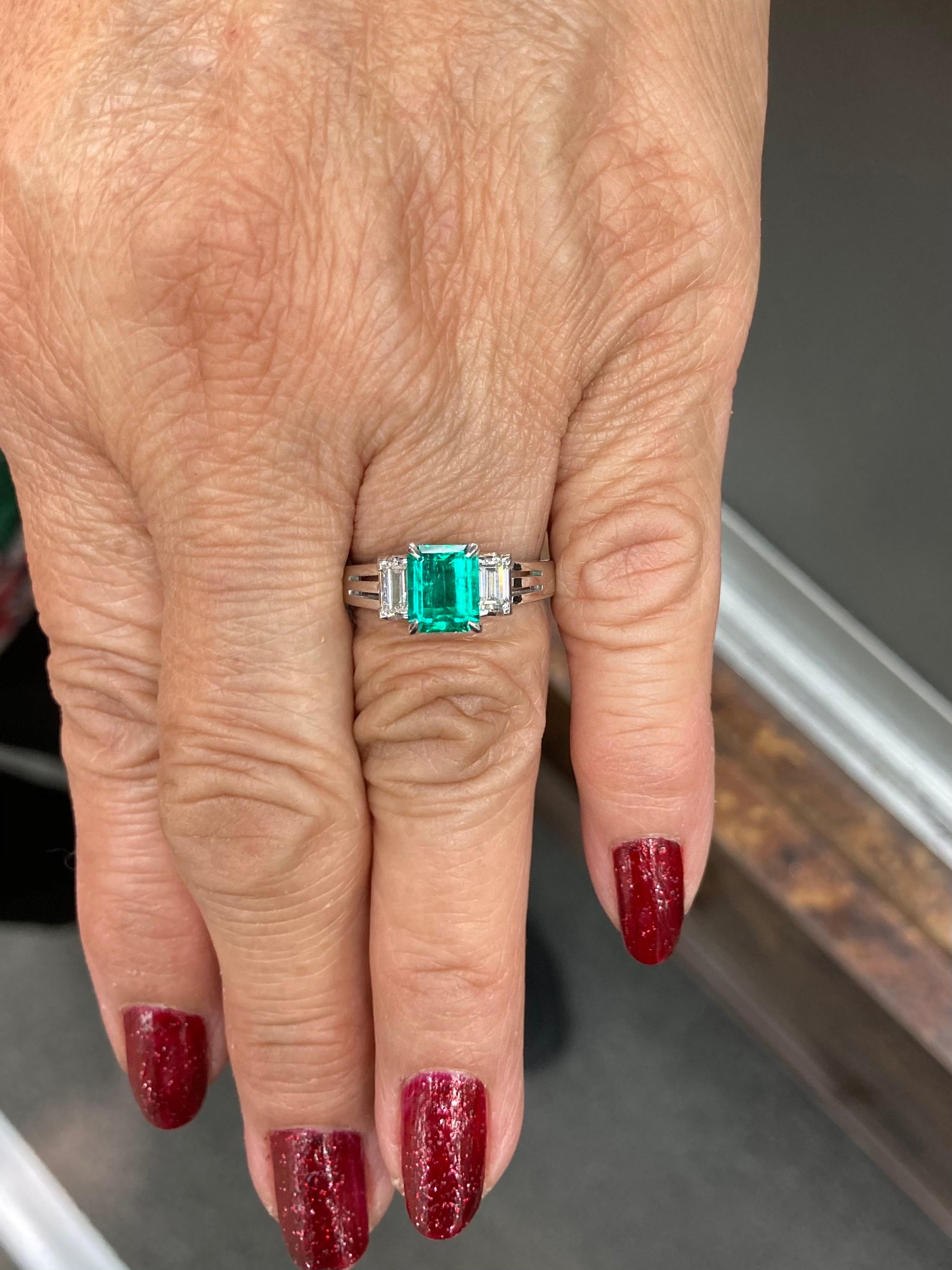 Emerald Cut Colombian Emerald Diamond Platinum Ring 3