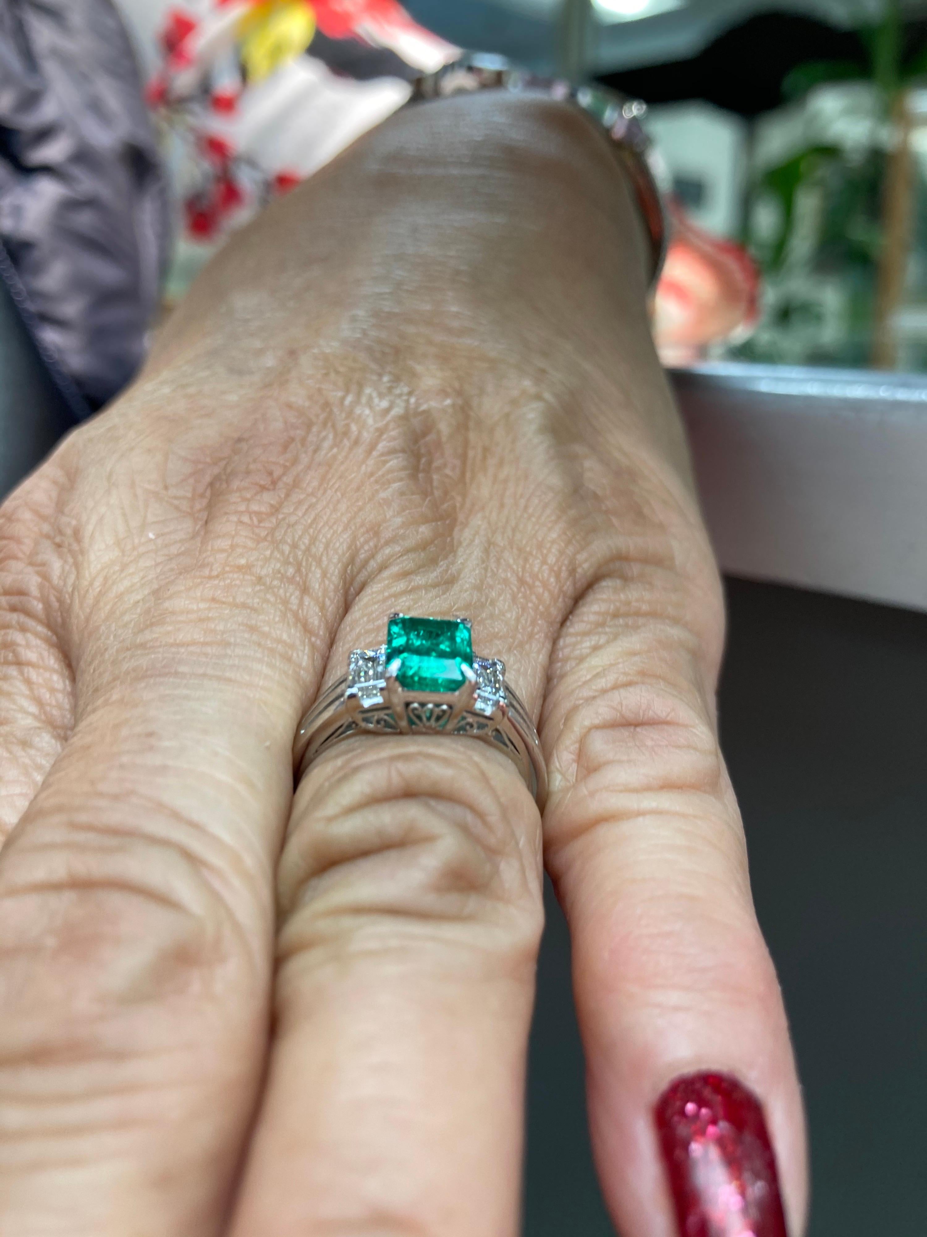 Emerald Cut Colombian Emerald Diamond Platinum Ring 4
