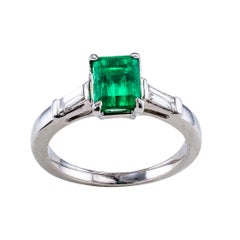 Vintage Emerald Cut Colombian Emerald Diamond Platinum Ring