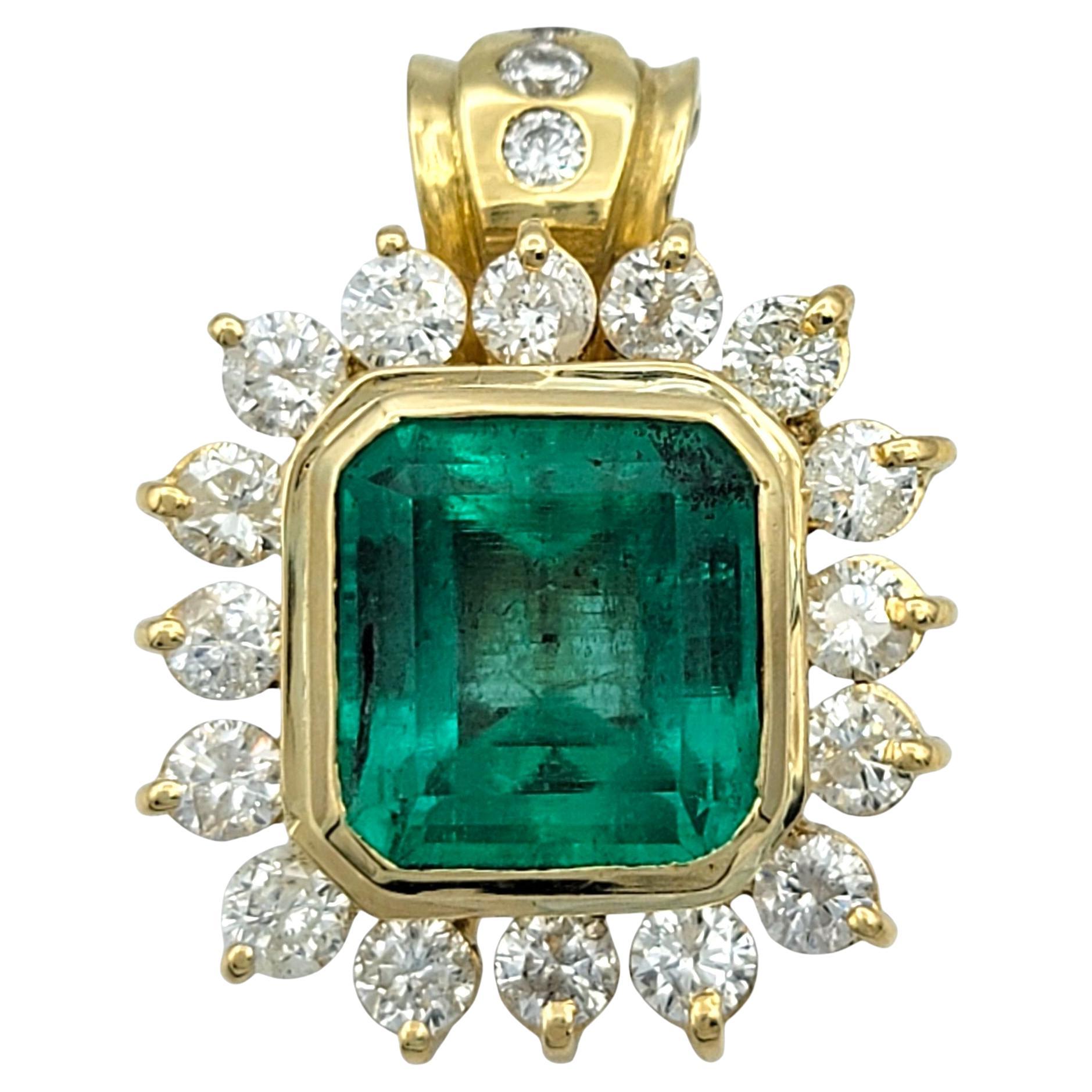 Emerald Cut Colombian Emerald Pendant with Diamond Halo in 18 Karat Yellow Gold