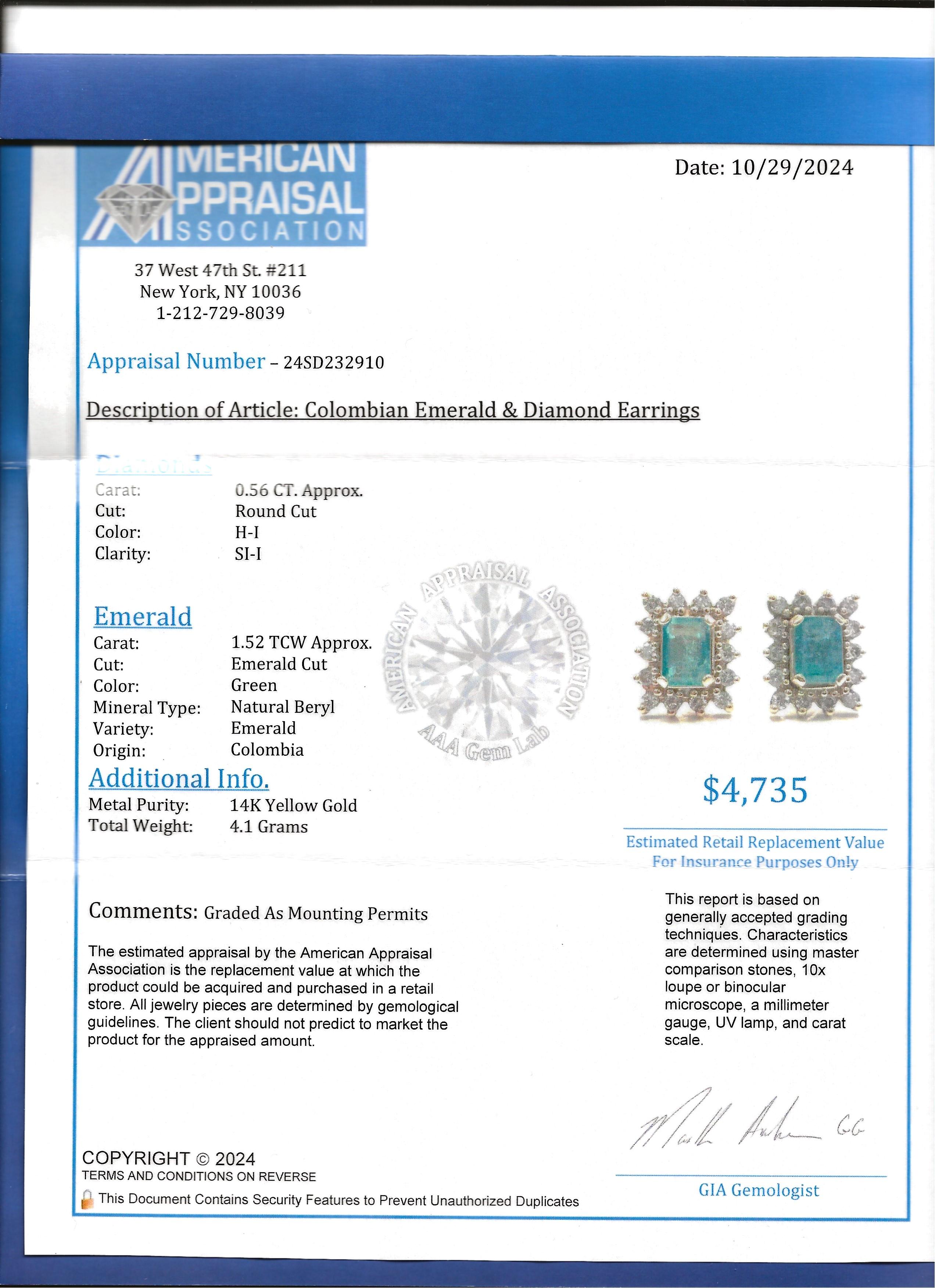 Emerald Cut Colombian Emerald Stud Earrings with Diamond Halos in 14 Karat Gold For Sale 5