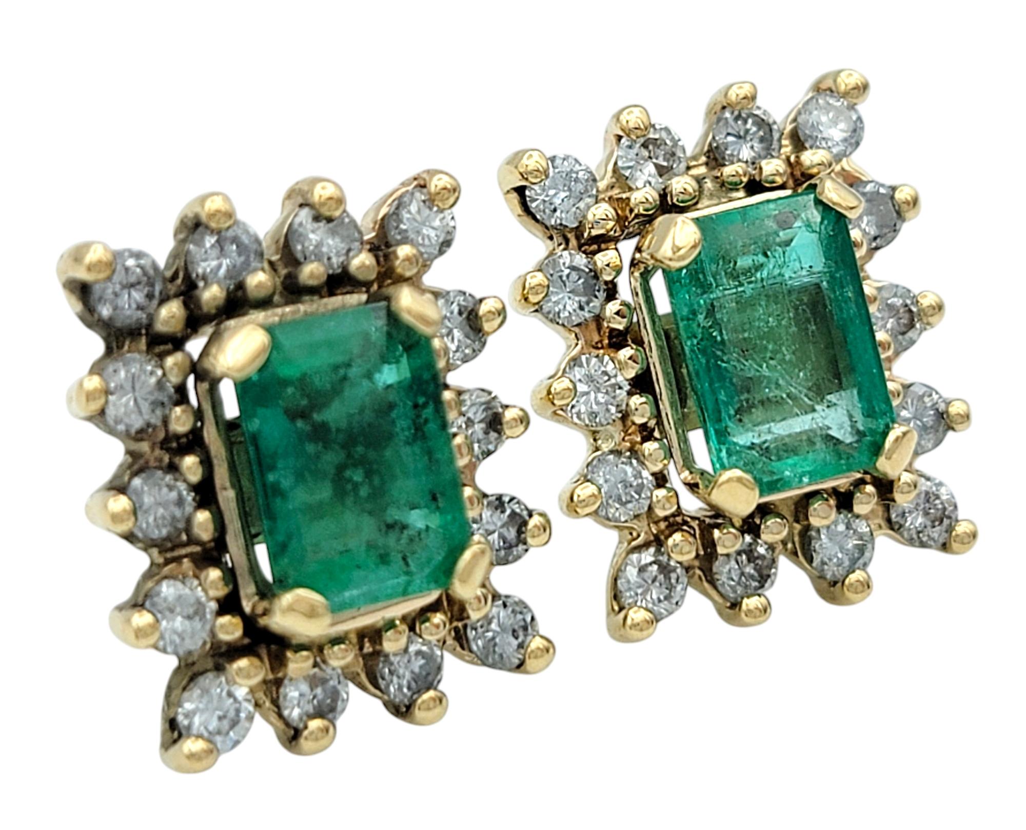 Radiating timeless elegance, these exquisite stud earrings feature vibrant Colombian emeralds, celebrated for their rich green hue and unparalleled beauty. Each emerald is encircled by a halo of sparkling round diamonds, expertly set to enhance the