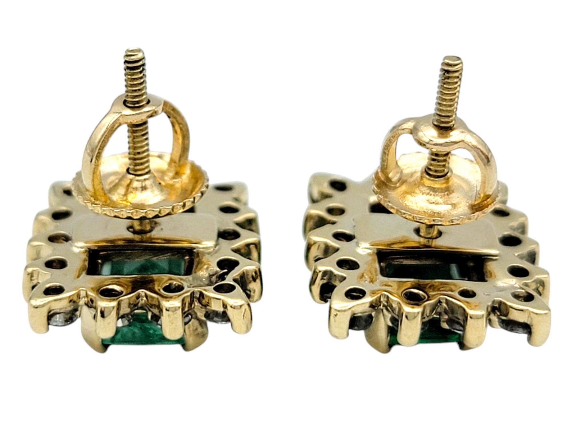 Emerald Cut Colombian Emerald Stud Earrings with Diamond Halos in 14 Karat Gold In Good Condition For Sale In Scottsdale, AZ
