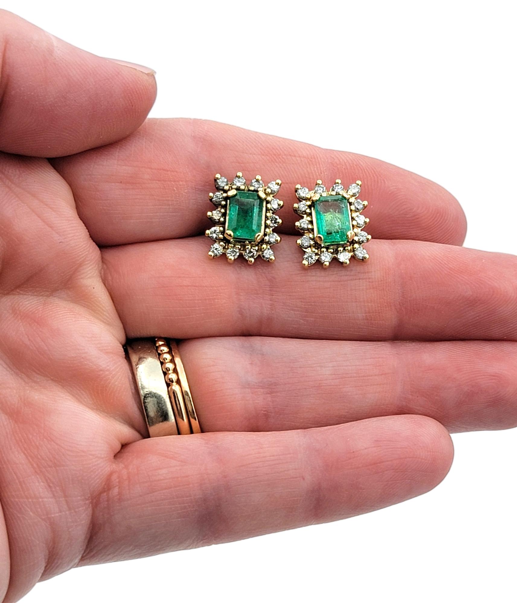 Emerald Cut Colombian Emerald Stud Earrings with Diamond Halos in 14 Karat Gold For Sale 2