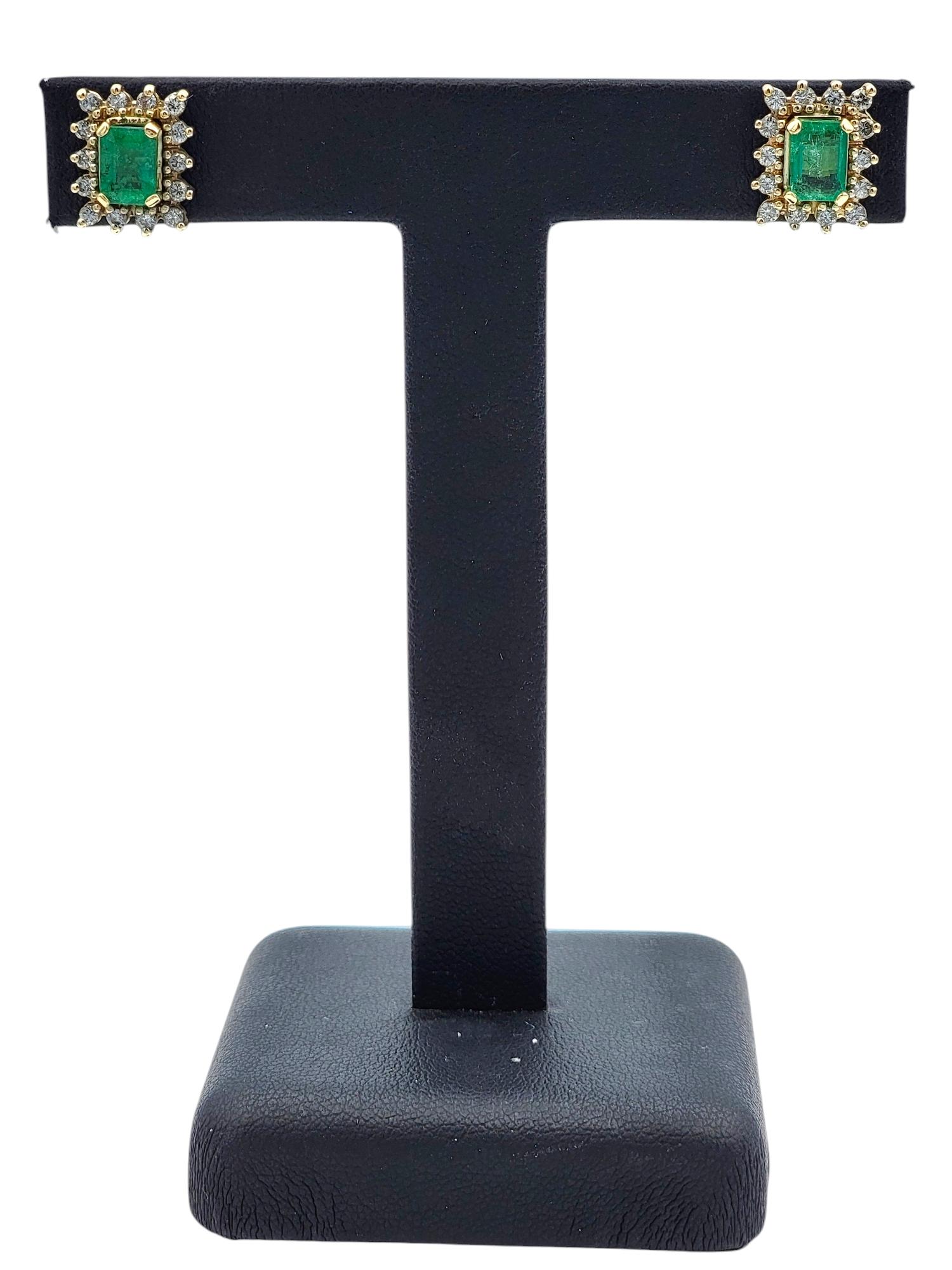 Emerald Cut Colombian Emerald Stud Earrings with Diamond Halos in 14 Karat Gold For Sale 3