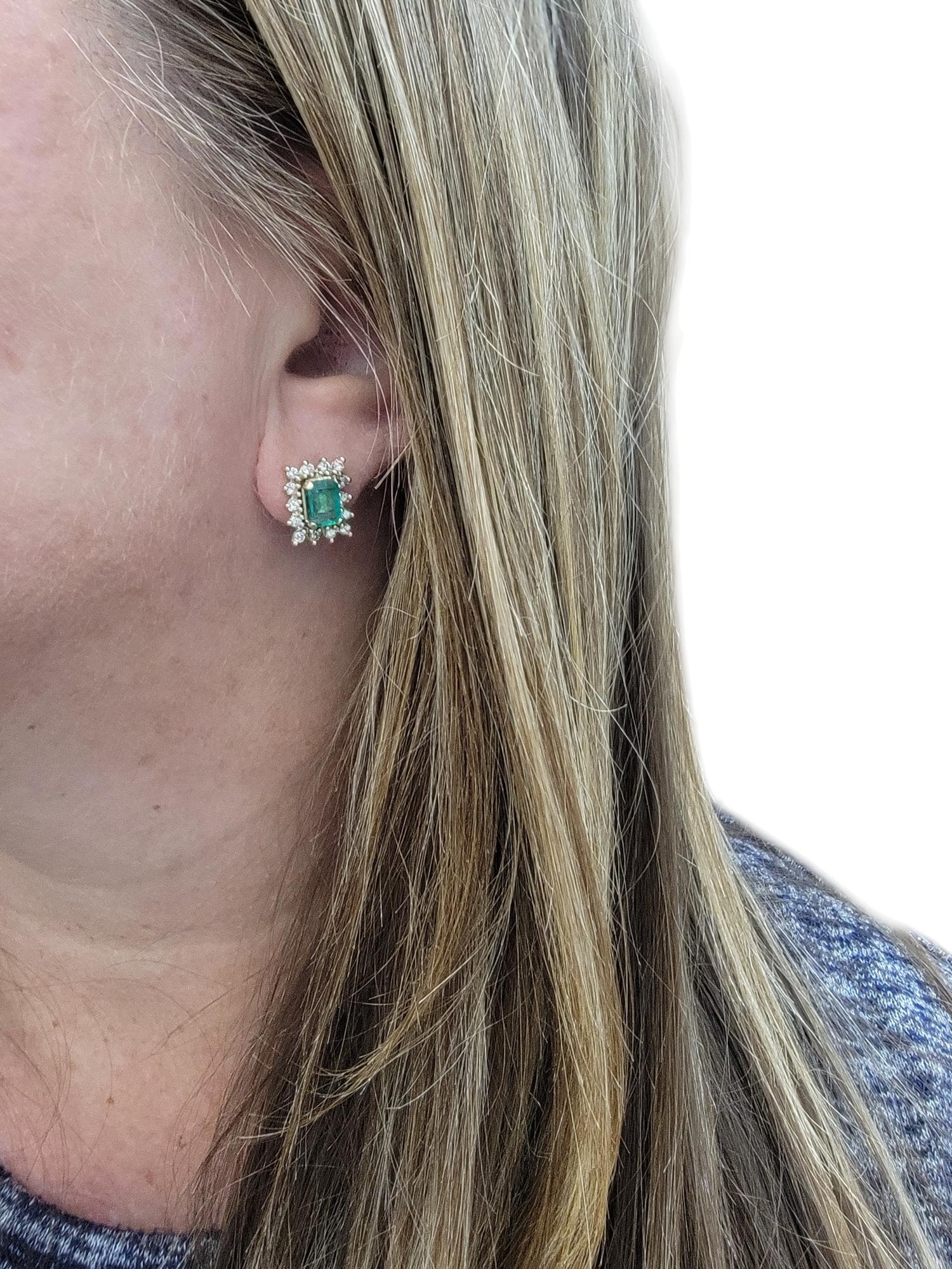 Emerald Cut Colombian Emerald Stud Earrings with Diamond Halos in 14 Karat Gold For Sale 4