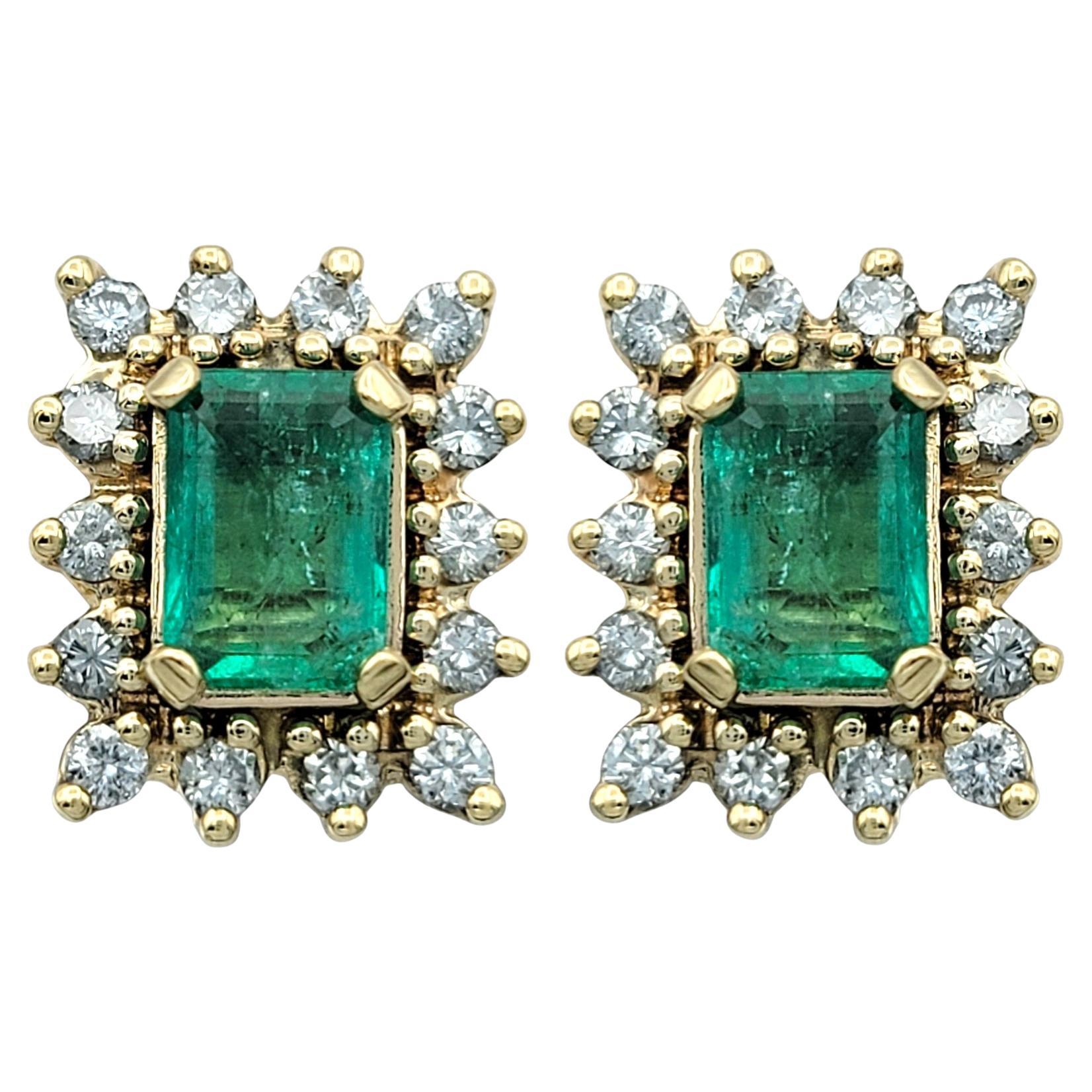 Emerald Cut Colombian Emerald Stud Earrings with Diamond Halos in 14 Karat Gold