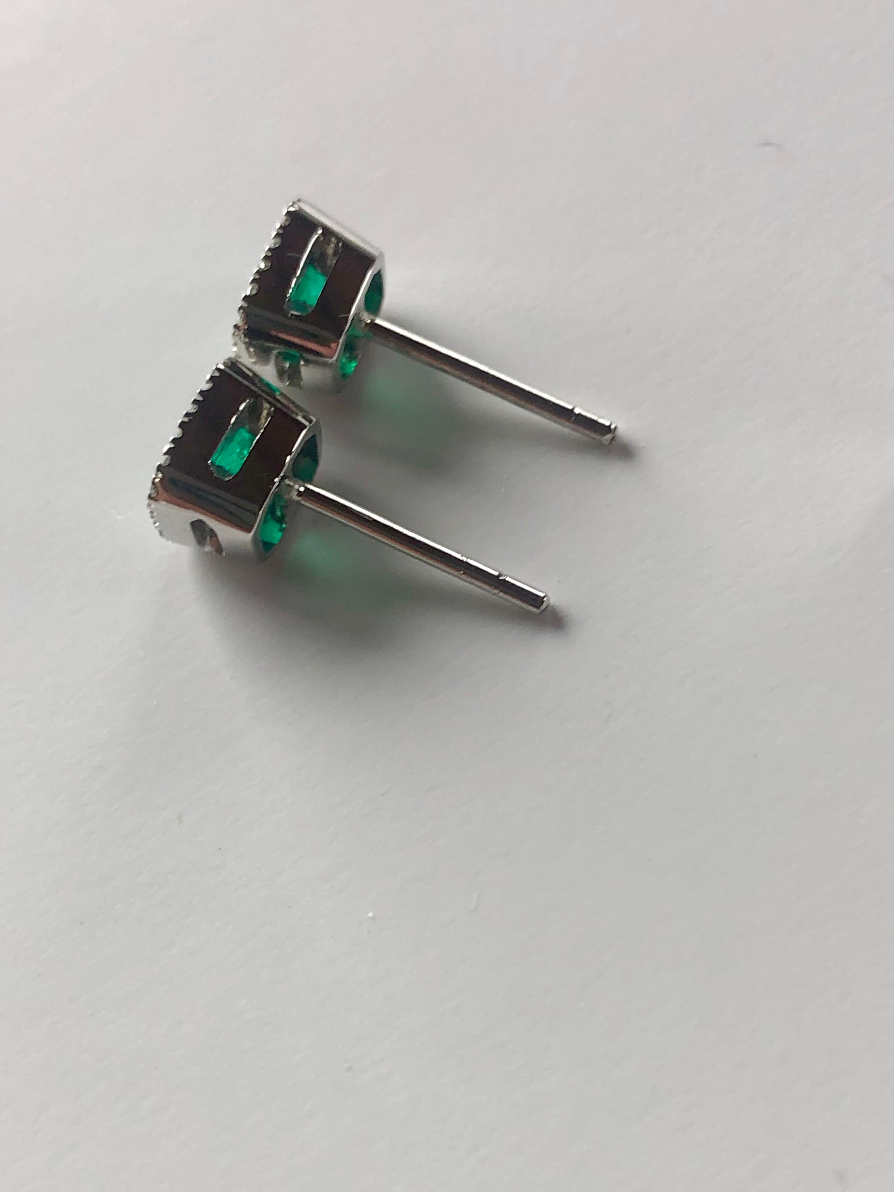 Emerald Cut AAA Colombian Emerald with Diamond Halo Stud Earrings For Sale 1
