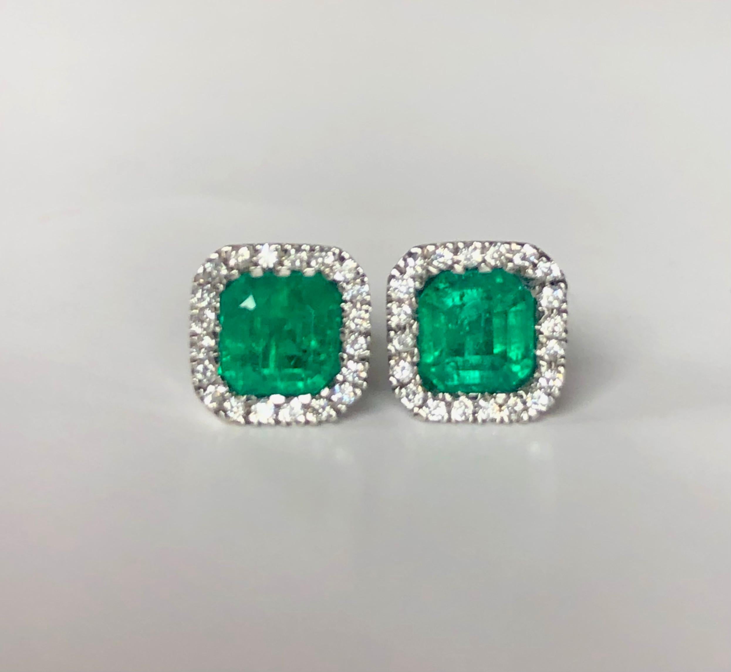 Asscher Cut Emerald Cut AAA Colombian Emerald with Diamond Halo Stud Earrings For Sale