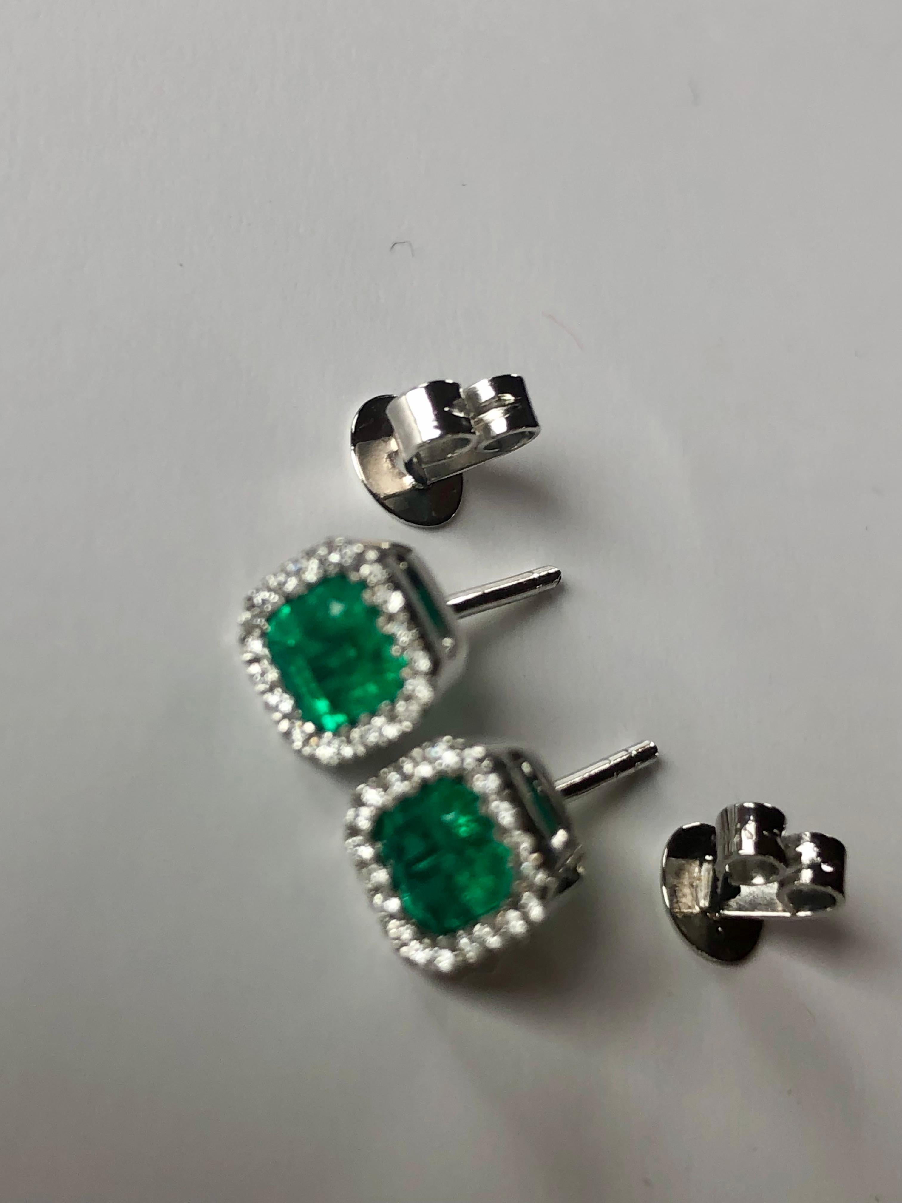 Art Deco Emerald Cut AAA Colombian Emerald with Diamond Halo Stud Earrings For Sale