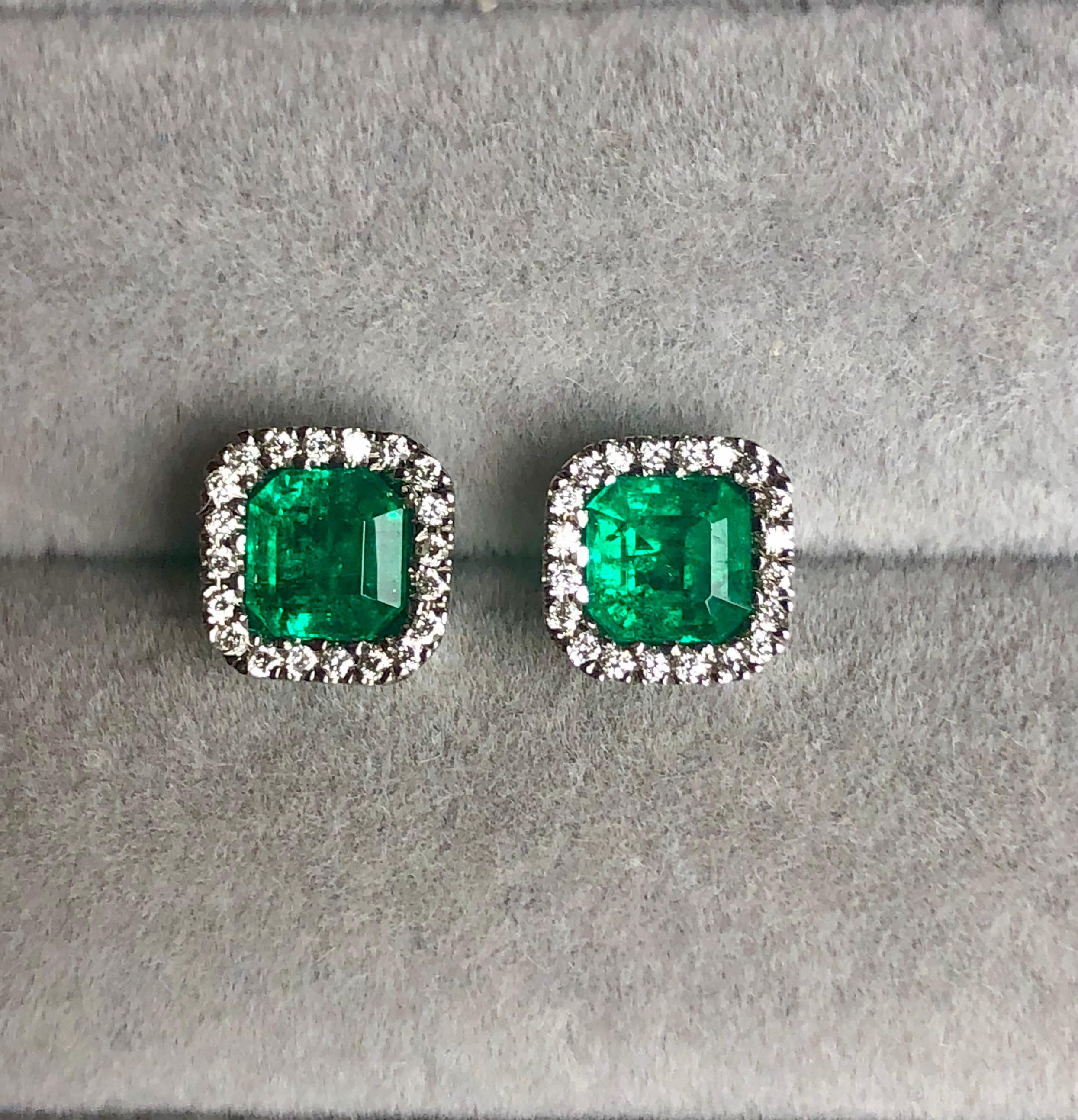 Emerald Cut AAA Colombian Emerald with Diamond Halo Stud Earrings For Sale 2