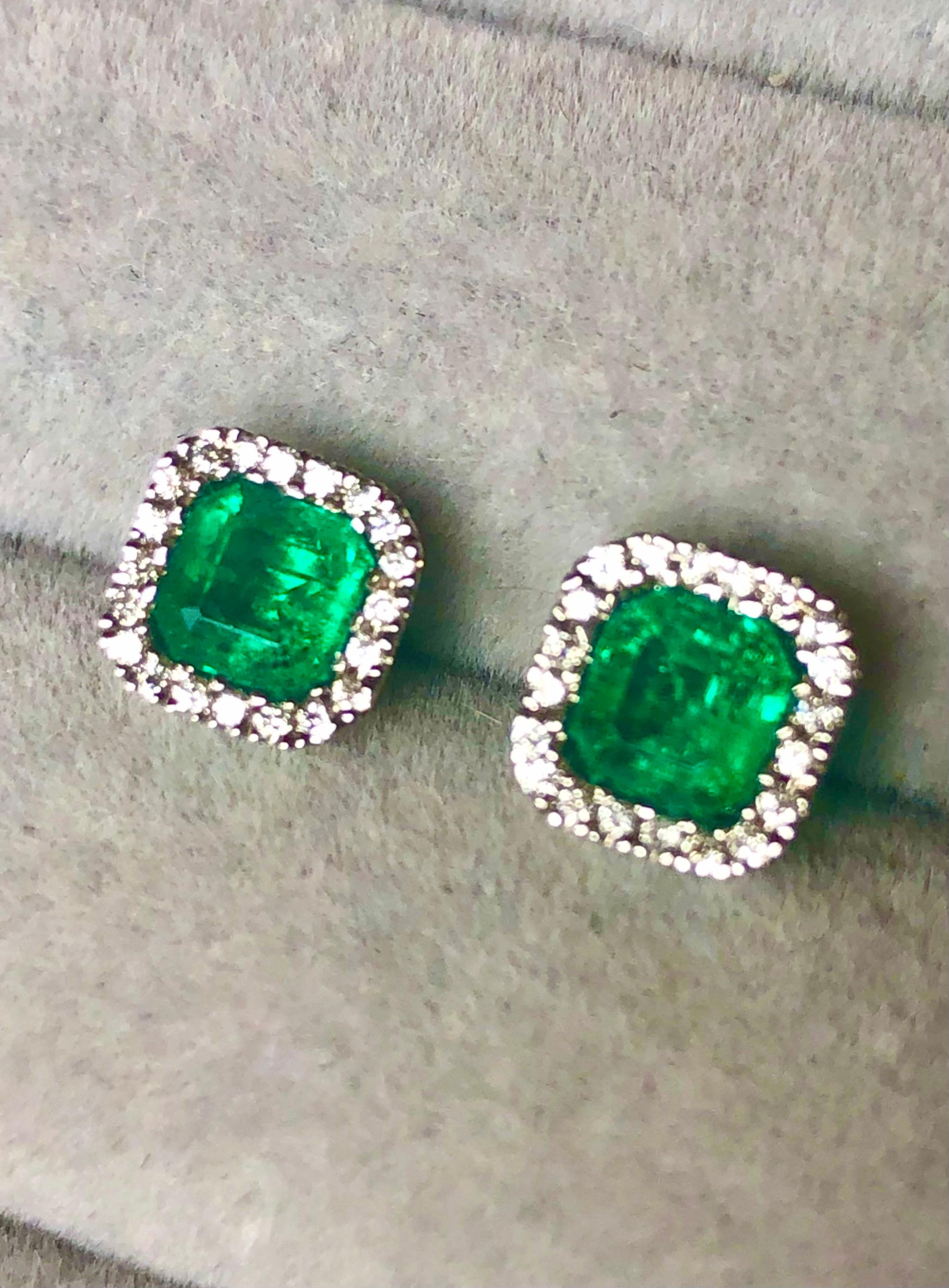 Women's Emerald Cut AAA Colombian Emerald with Diamond Halo Stud Earrings For Sale