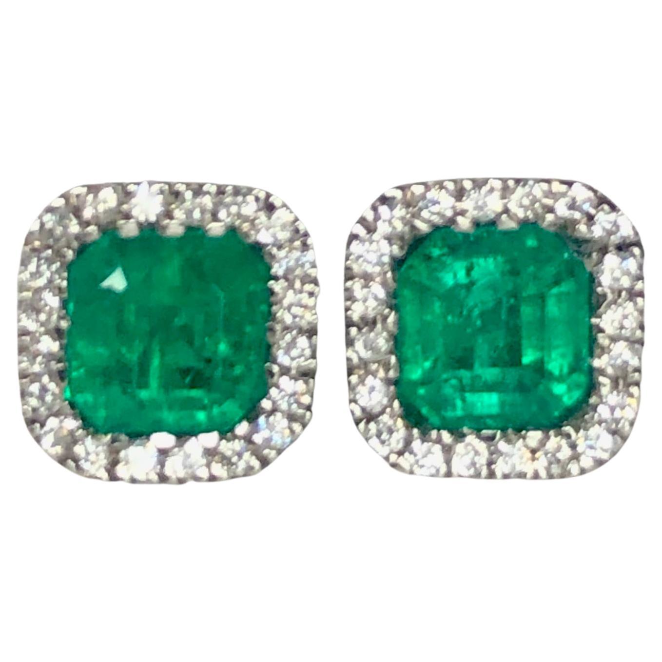 Emerald Cut AAA Colombian Emerald with Diamond Halo Stud Earrings