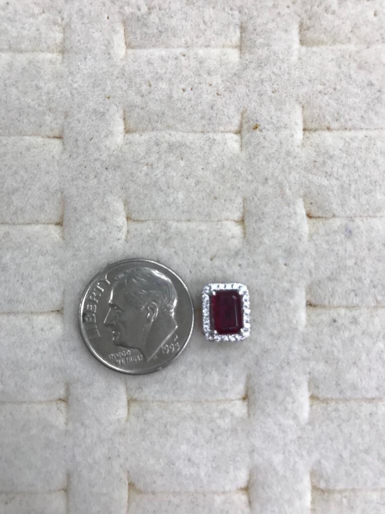 Contemporary Emerald Cut Cushion Rubies with Diamond Halo Earrings 