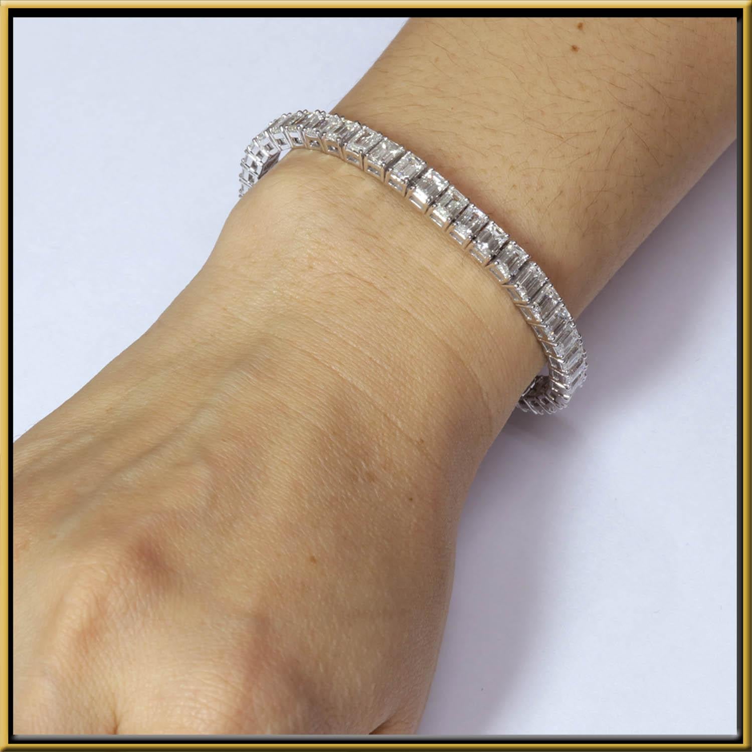 Tennis Bracelet with .30ct Emerald Cut Diamonds set in 18k Gold. Total weight is approximately 14.3ct.
This is a classic statement bracelet that never goes out of style. 
It is lightweight yet durable, making it a perfect daily wear item.
The stone