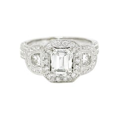 Emerald Cut Diamond 3 Stone Engagement Ring Pave
 Band Halo 2.35 Ctw White Gold