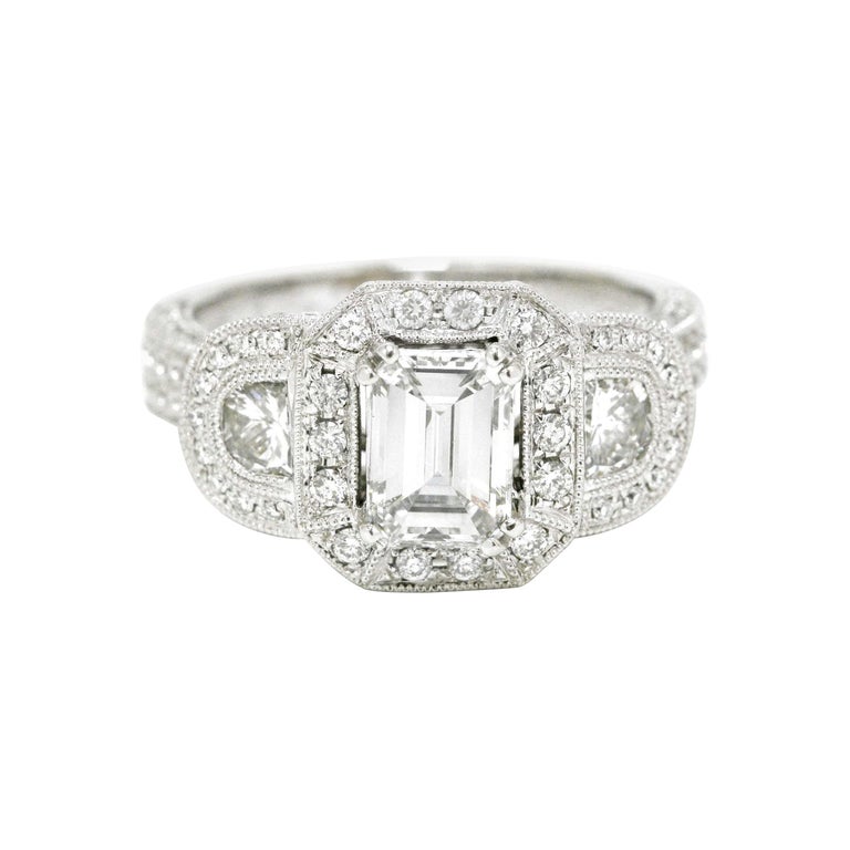 Emerald Cut Diamond 3 Stone Engagement Ring Pave' Band Halo 2.35 Ctw ...