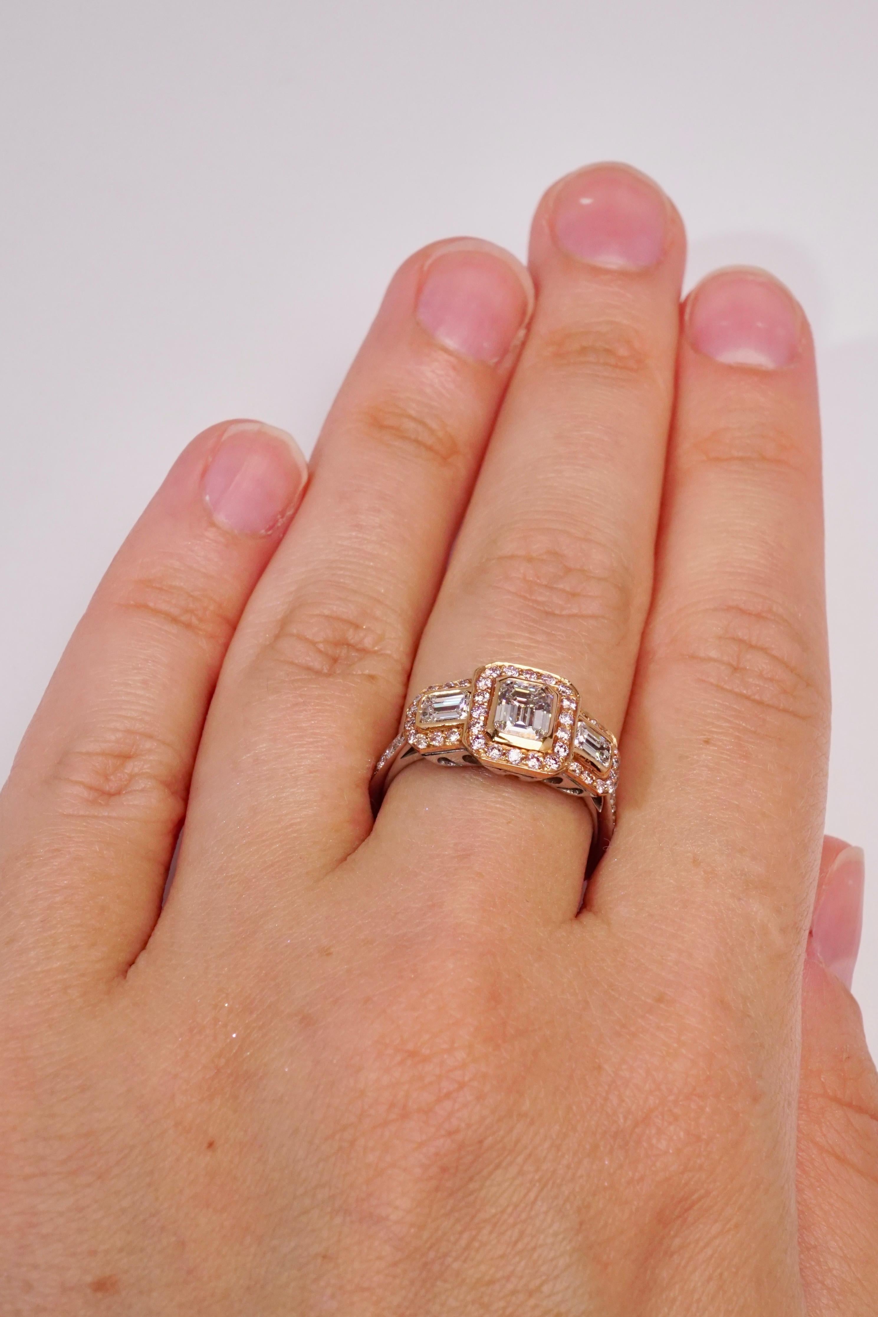 2.2 CT Emerald Cut Diamond 3-Stone Engagement Ring With Natural Pink Diamonds In New Condition For Sale In New York, NY