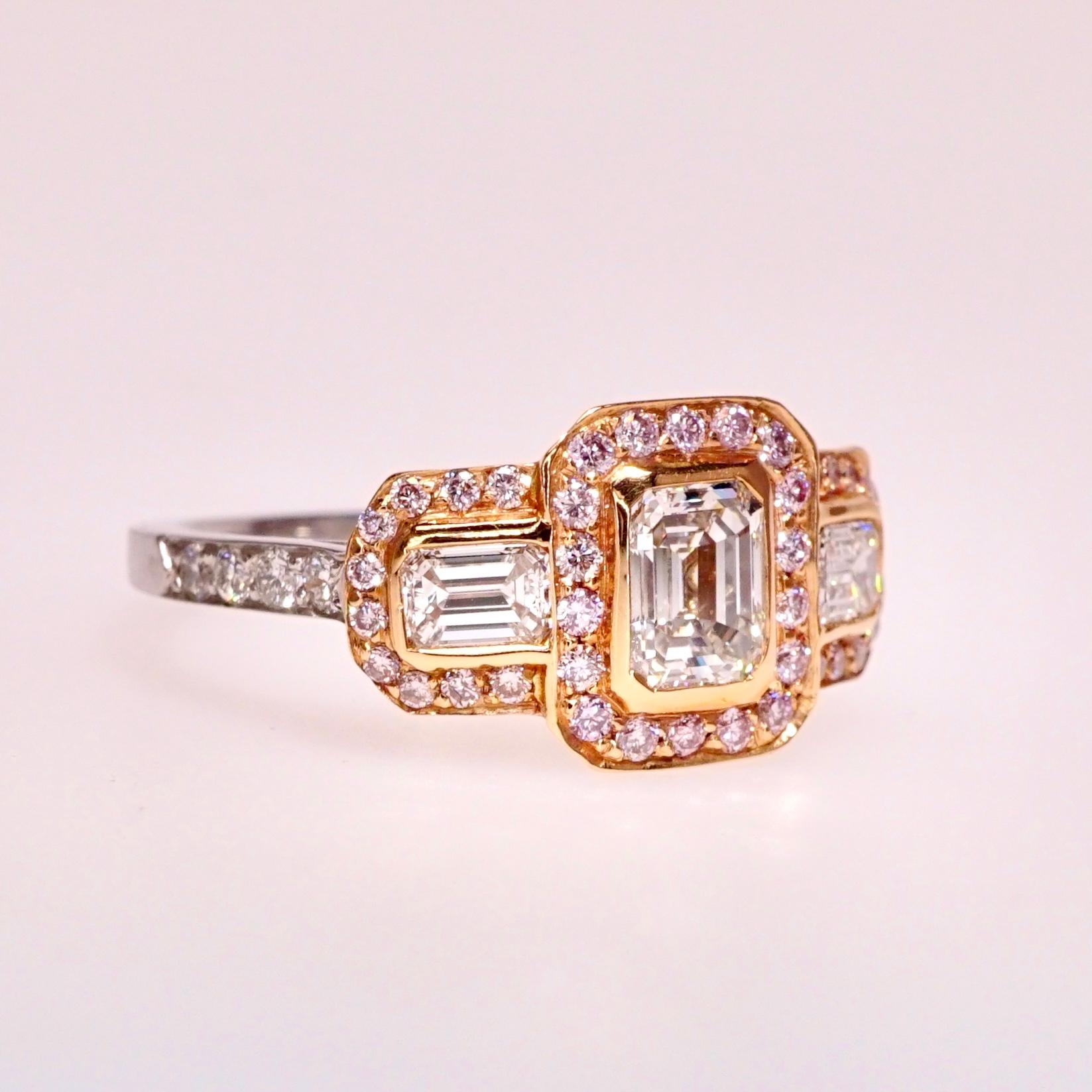 Women's 2.2 CT Emerald Cut Diamond 3-Stone Engagement Ring With Natural Pink Diamonds For Sale