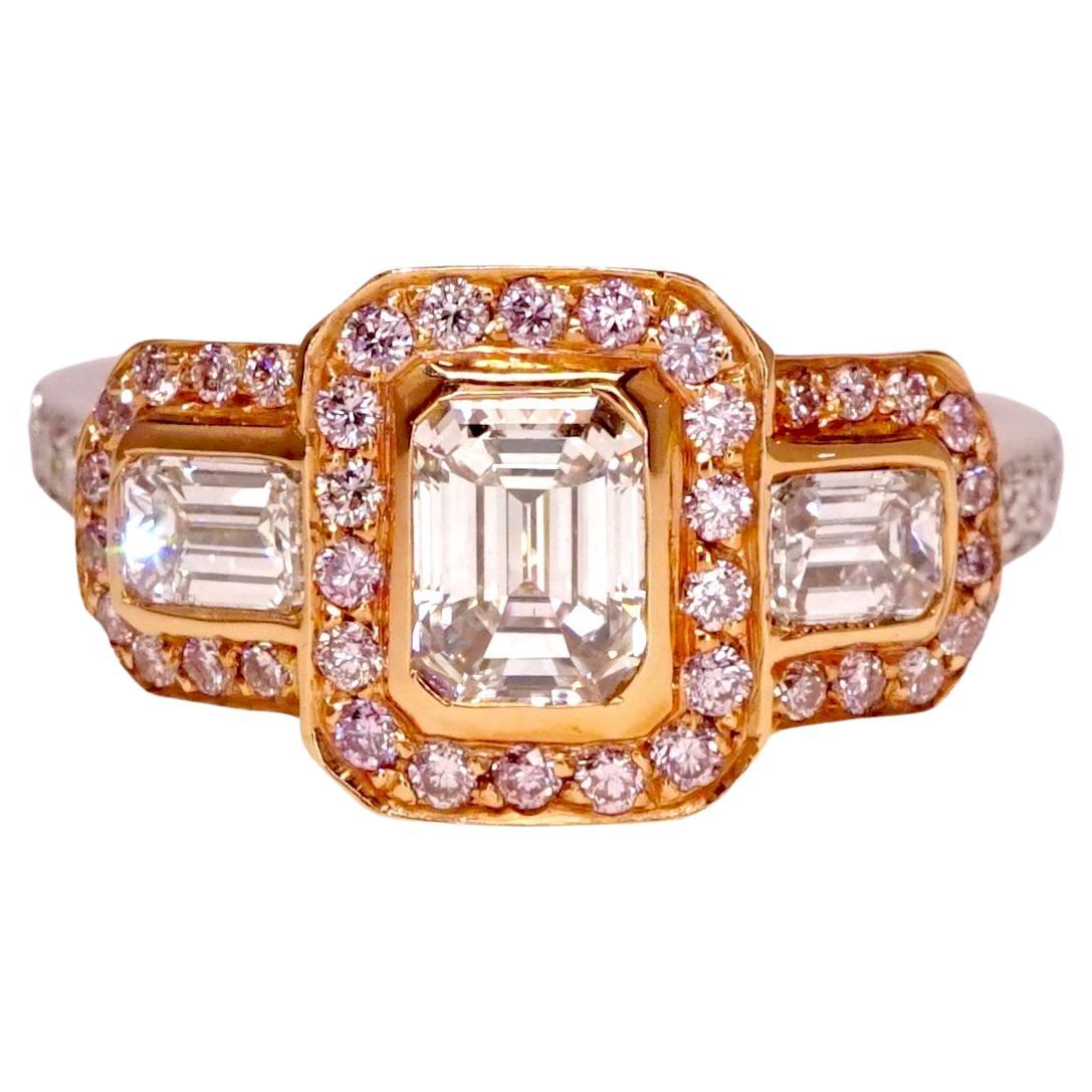 Emerald Cut Diamond 3-Stone Engagement Ring With Natural Pink Diamonds