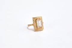 Emerald Cut Diamond and 14 Karat Yellow Gold Ring with Double Halo of Diamonds