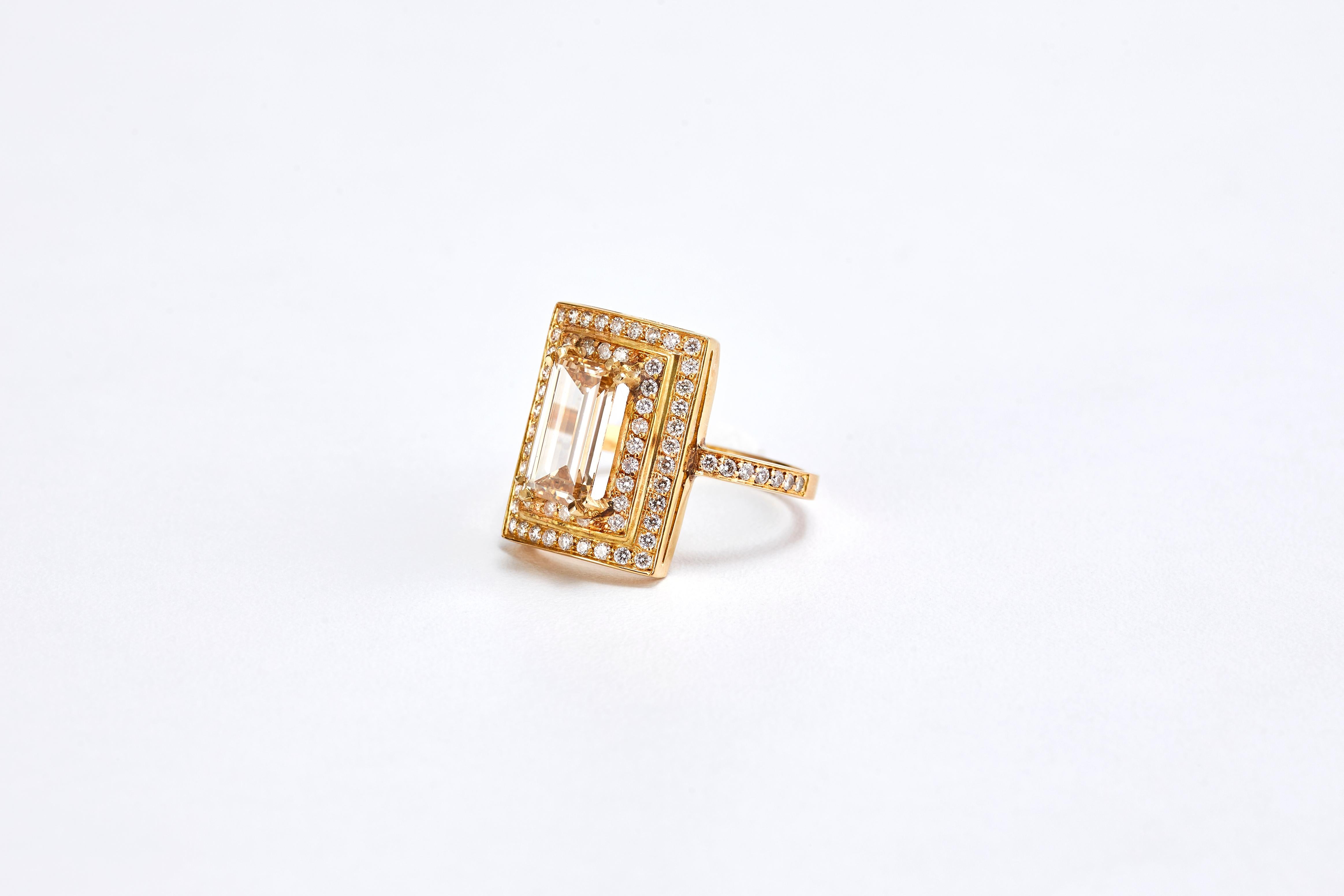 Women's Emerald Cut Diamond and 14 Karat Yellow Gold Ring with Double Halo of Diamonds For Sale