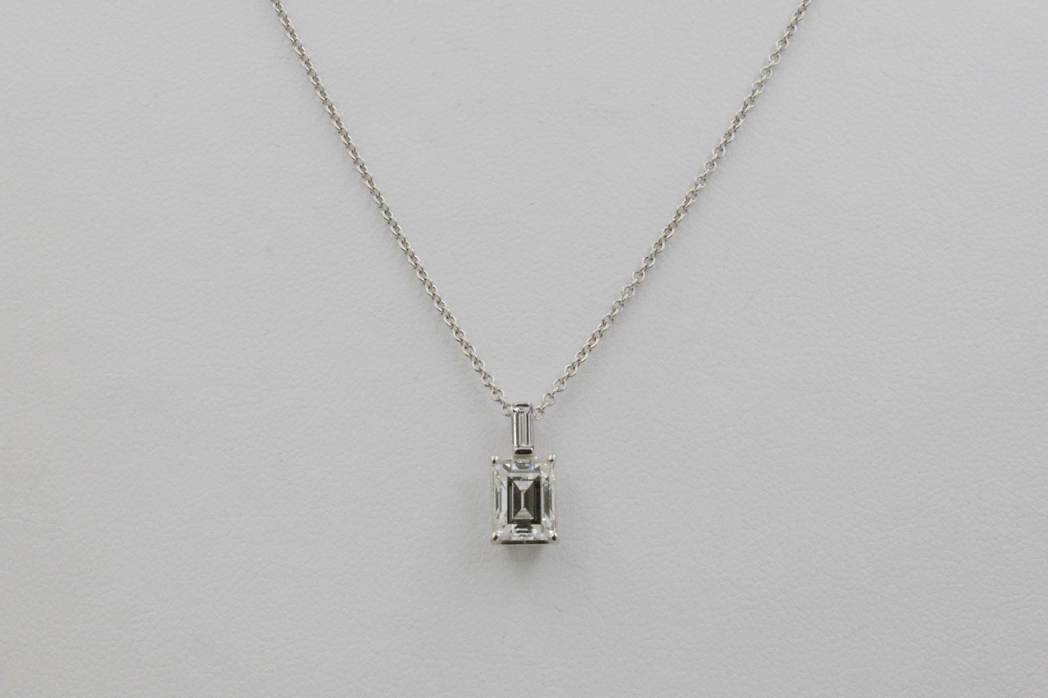 1.33 Carat Emerald Cut Diamond and 18 Karat White Gold Pendant 2