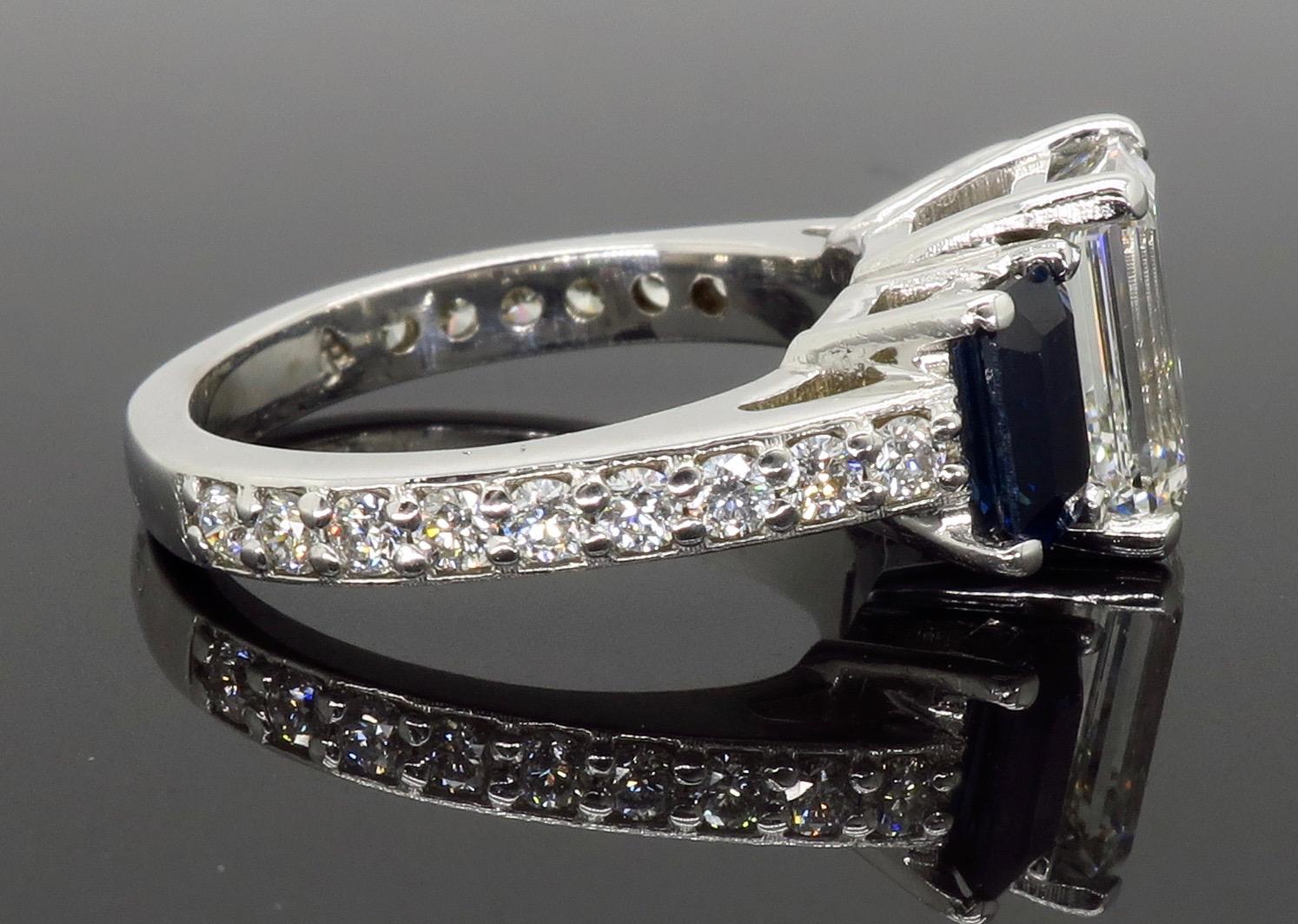 Emerald Cut Diamond and Blue Sapphire Three-Stone Engagement Ring 3