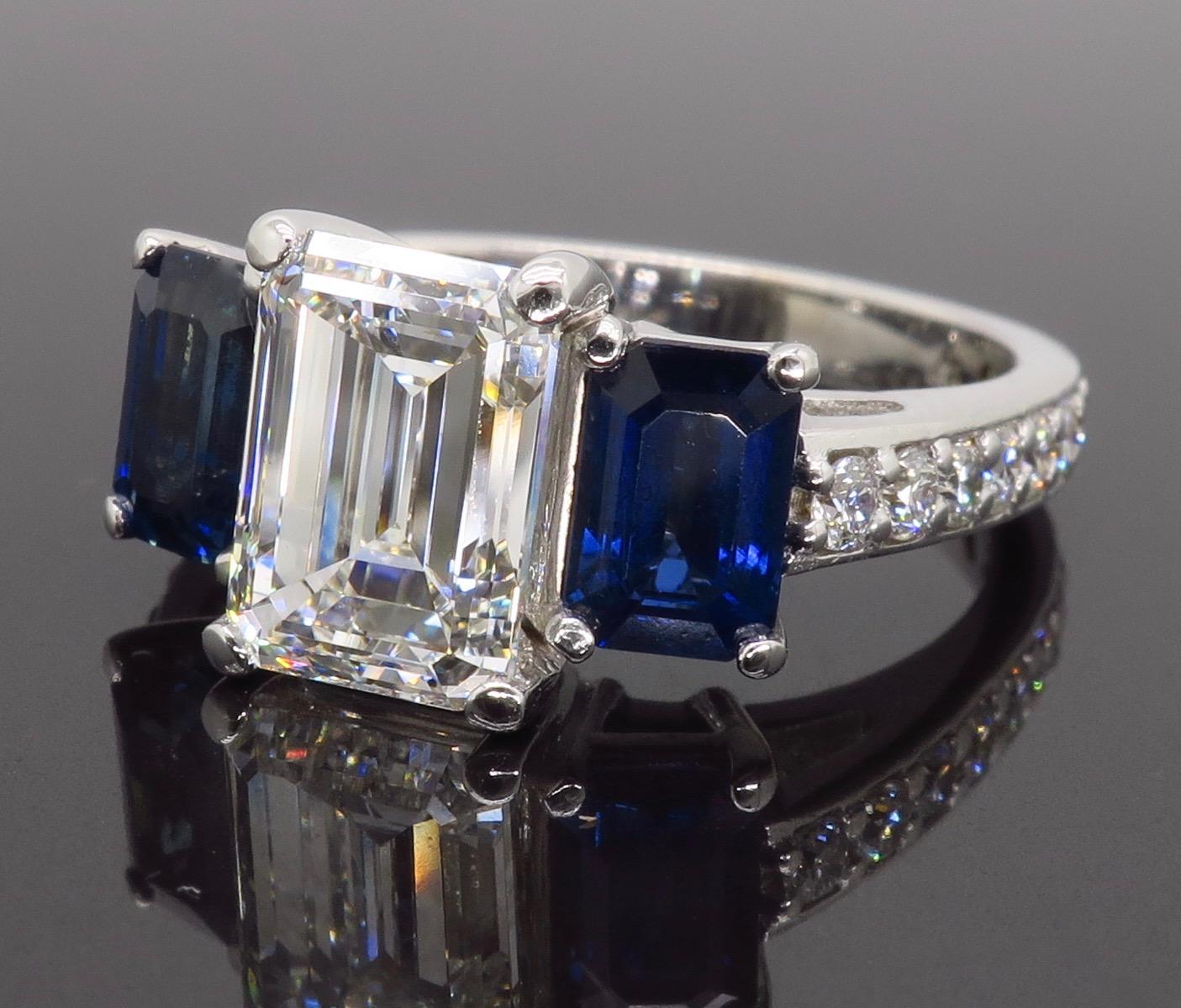 Emerald Cut Diamond and Blue Sapphire Three-Stone Engagement Ring For ...