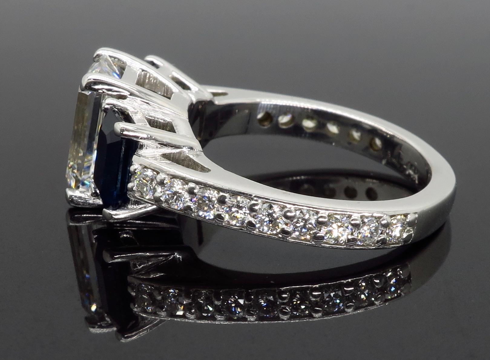 Emerald Cut Diamond and Blue Sapphire Three-Stone Engagement Ring In Excellent Condition In Webster, NY