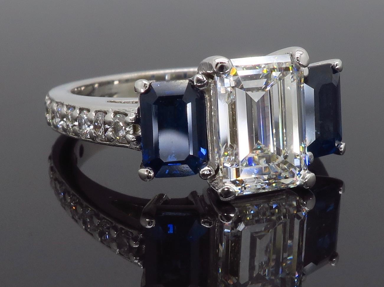 Women's or Men's Emerald Cut Diamond and Blue Sapphire Three-Stone Engagement Ring