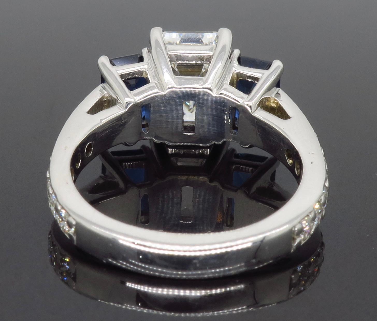 Emerald Cut Diamond and Blue Sapphire Three-Stone Engagement Ring 2