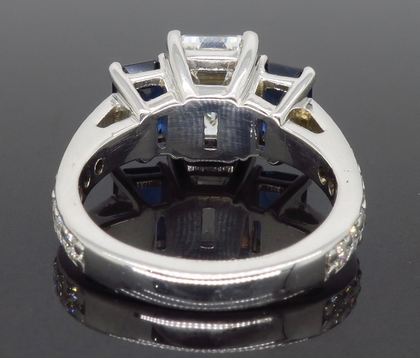 Emerald Cut Diamond and Blue Sapphire Three-Stone Engagement Ring 2