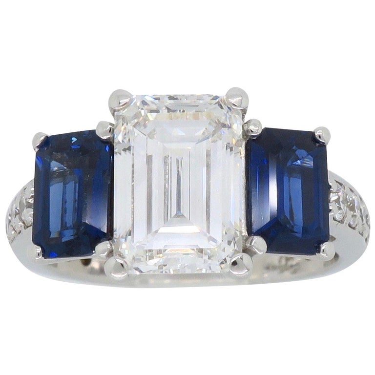 Emerald Cut Diamond and Blue Sapphire Three-Stone Engagement Ring For Sale  at 1stDibs | emerald cut diamond with sapphires, blue sapphire rings for  sale, emerald cut sapphire ring