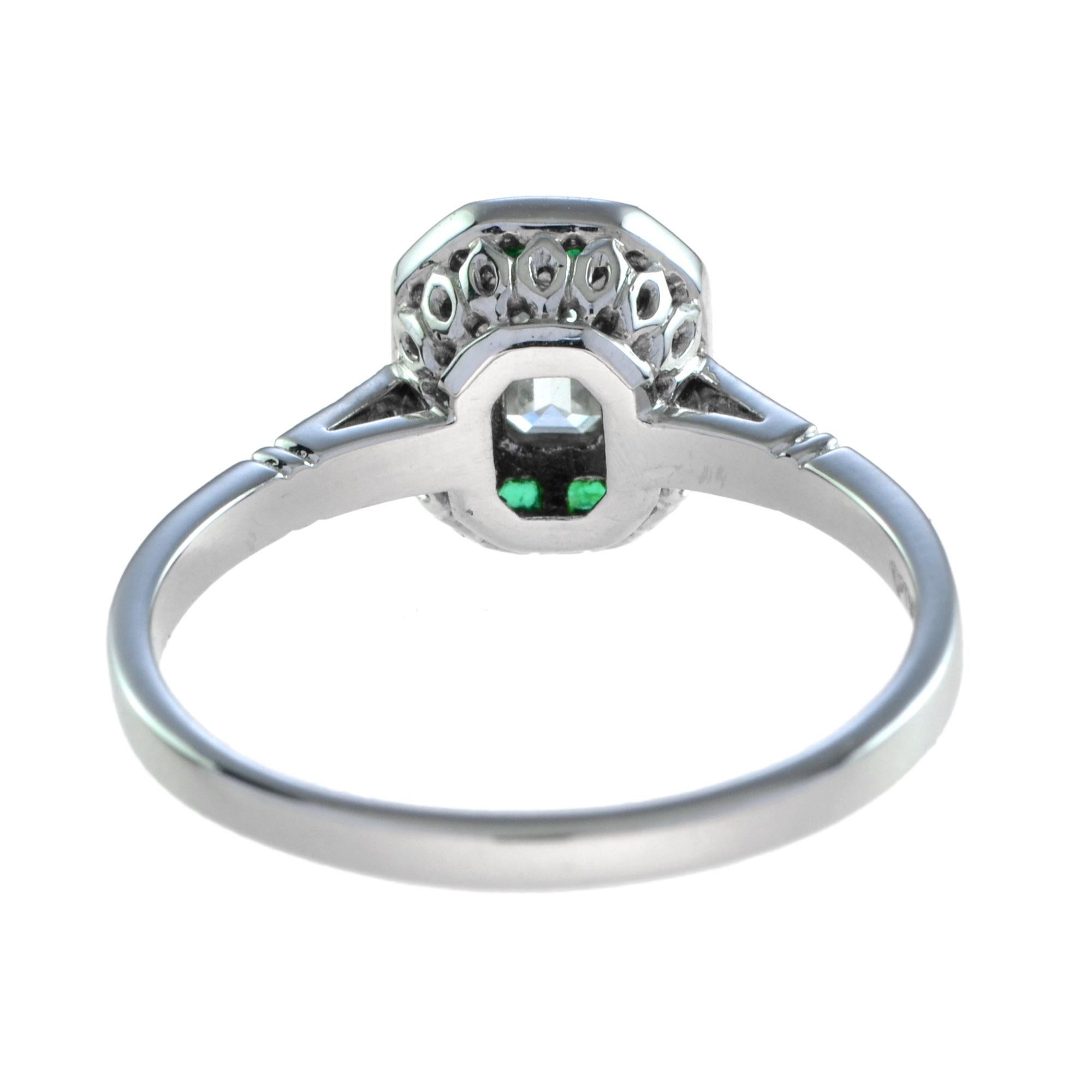 For Sale:  Emerald Cut Diamond and Emerald Art Deco Style Engagement Ring in 18K White Gold 5