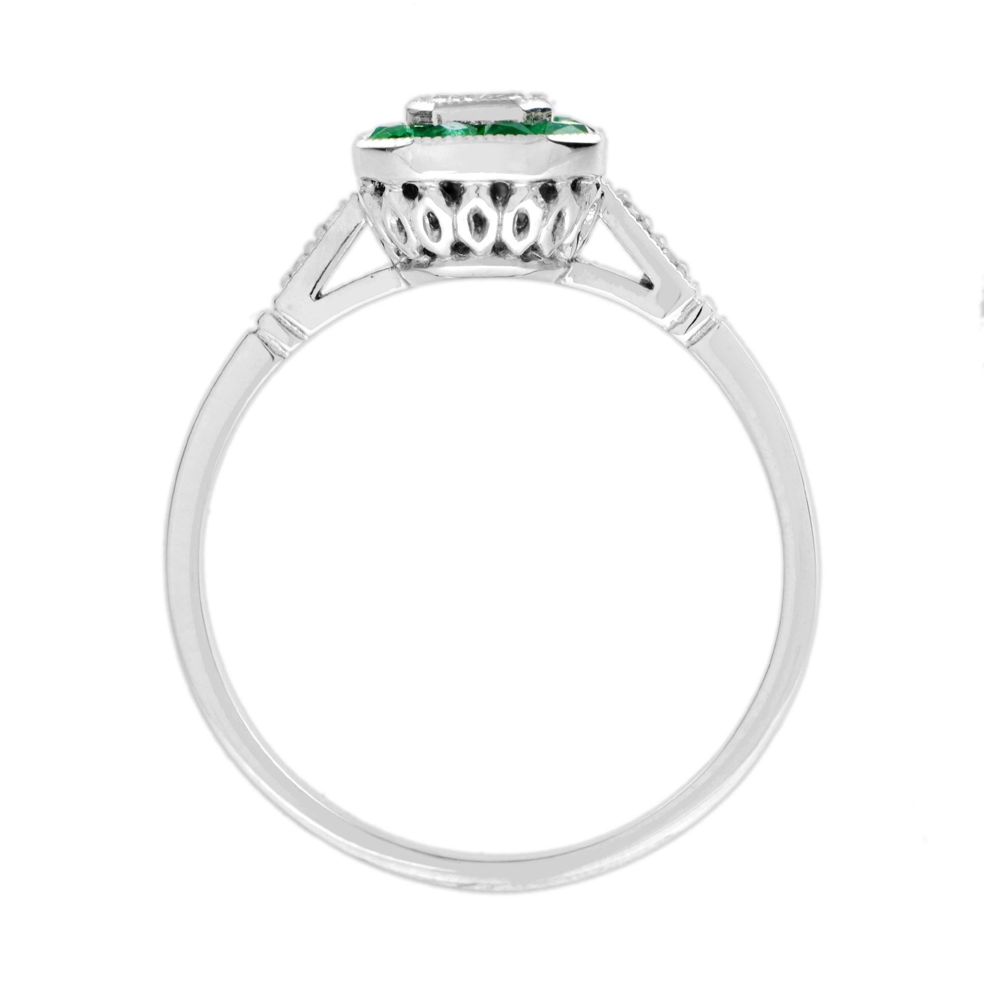 For Sale:  Emerald Cut Diamond and Emerald Art Deco Style Engagement Ring in 18K White Gold 6