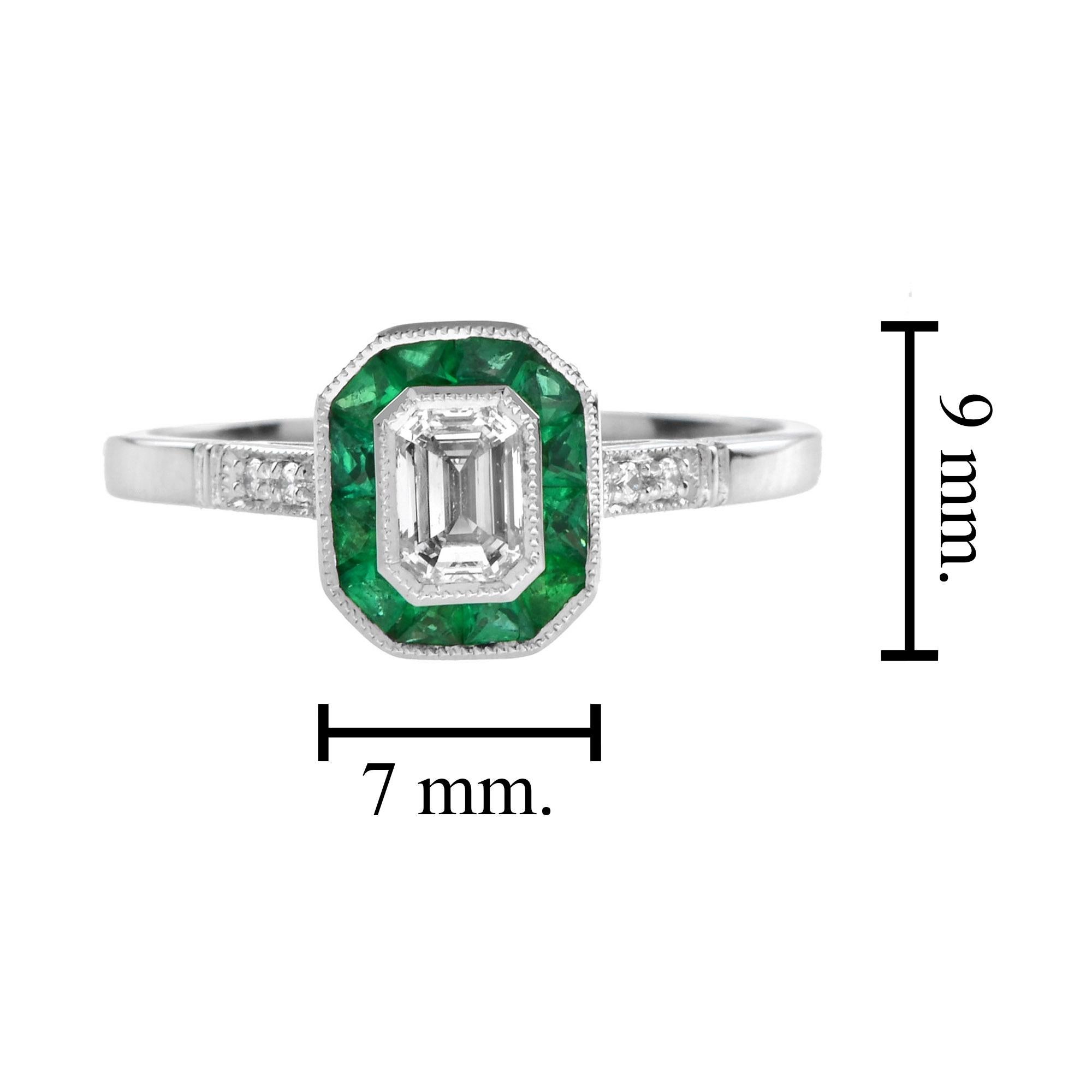 For Sale:  Emerald Cut Diamond and Emerald Art Deco Style Engagement Ring in 18K White Gold 7