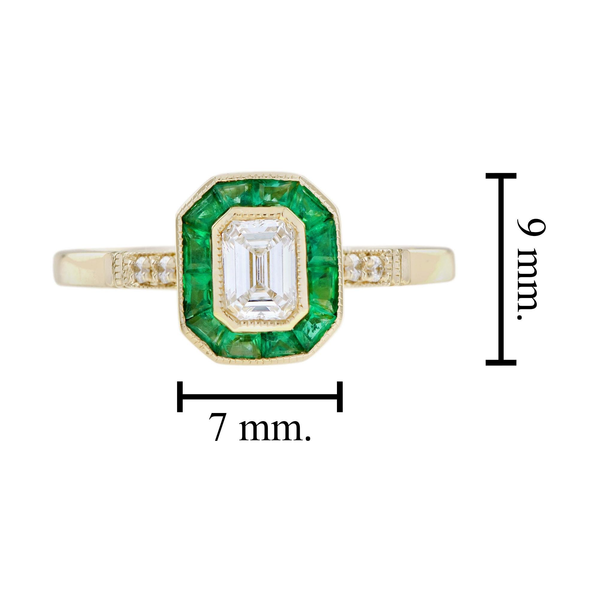 Smaragdgeschliffener Diamant und Smaragd Verlobungsring im Art Deco Stil aus 18K Gelbgold im Angebot 5